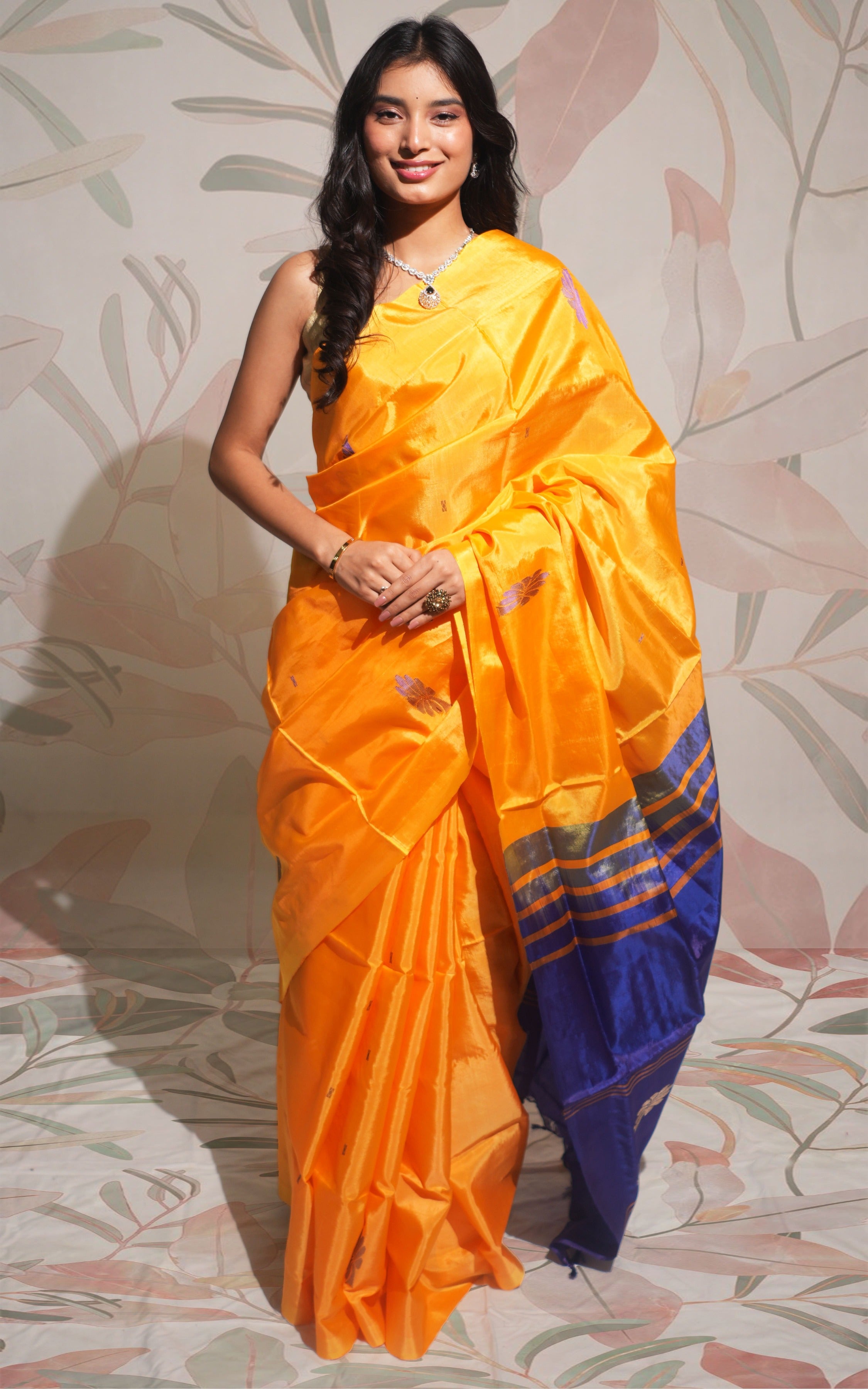 Gamboge Yellow And Deep Blue  Banana Silk Saree