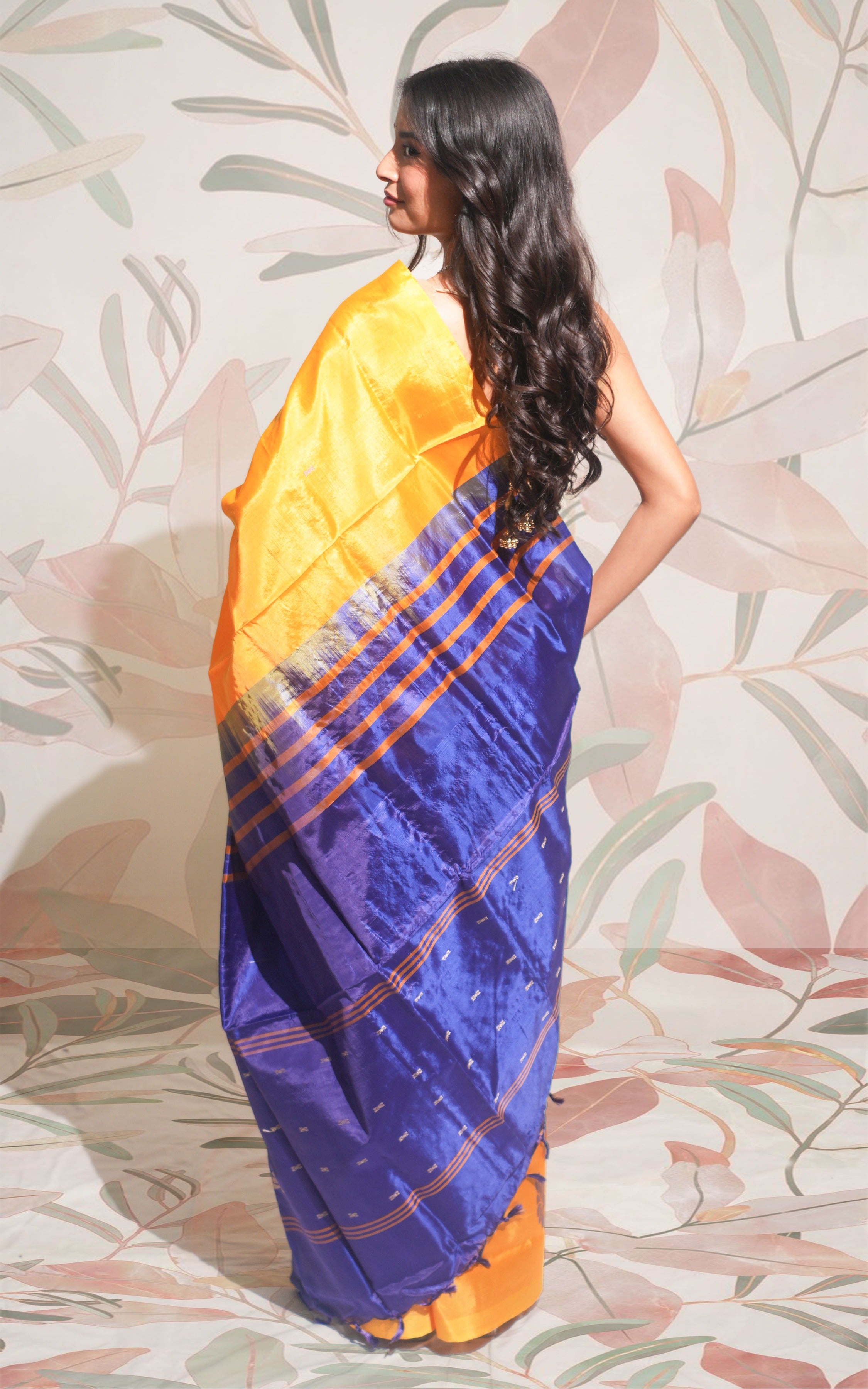 Gamboge Yellow And Deep Blue  Banana Silk Saree