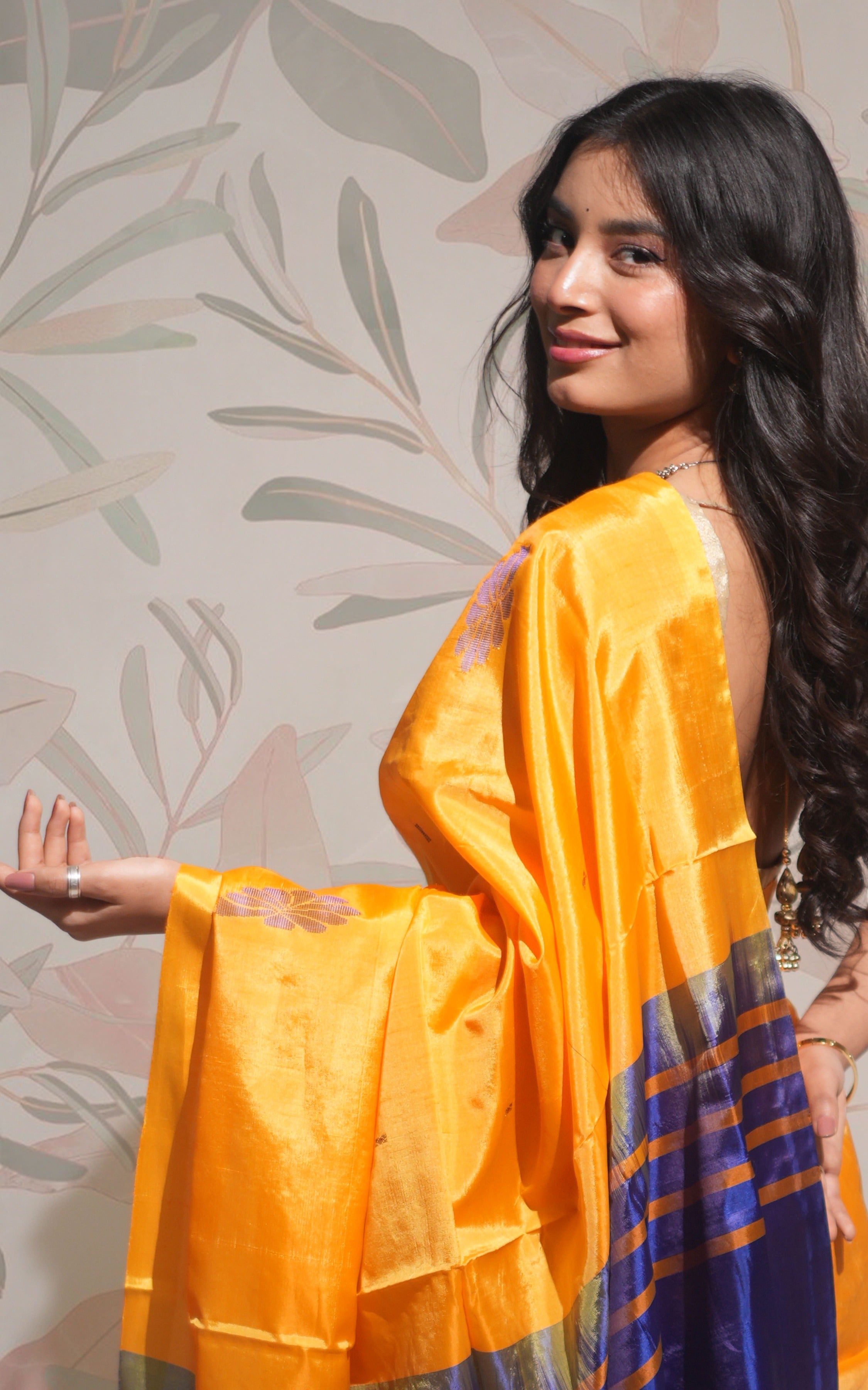 Gamboge Yellow And Deep Blue  Banana Silk Saree
