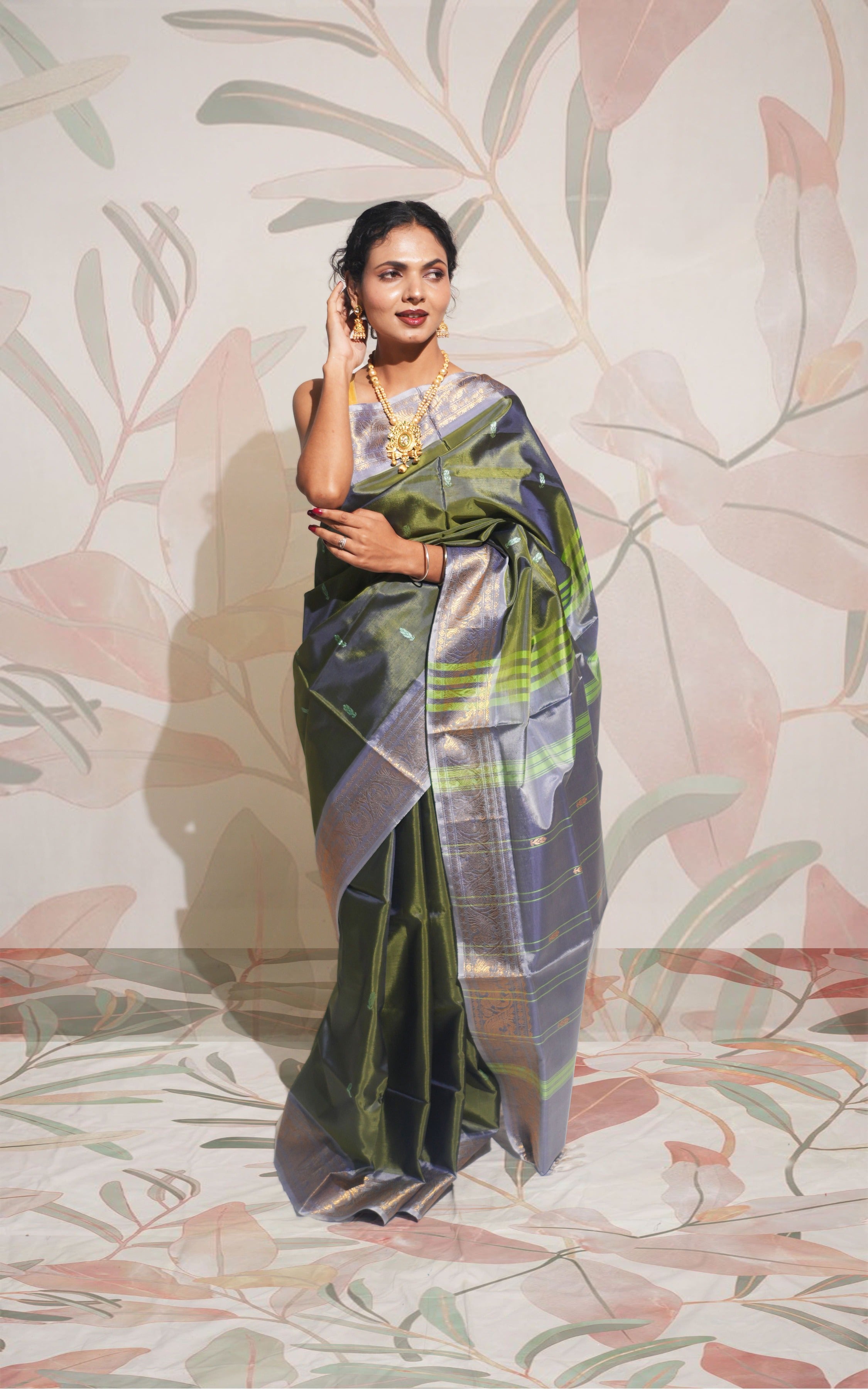 Forest Green And Grey  Banana Silk Saree