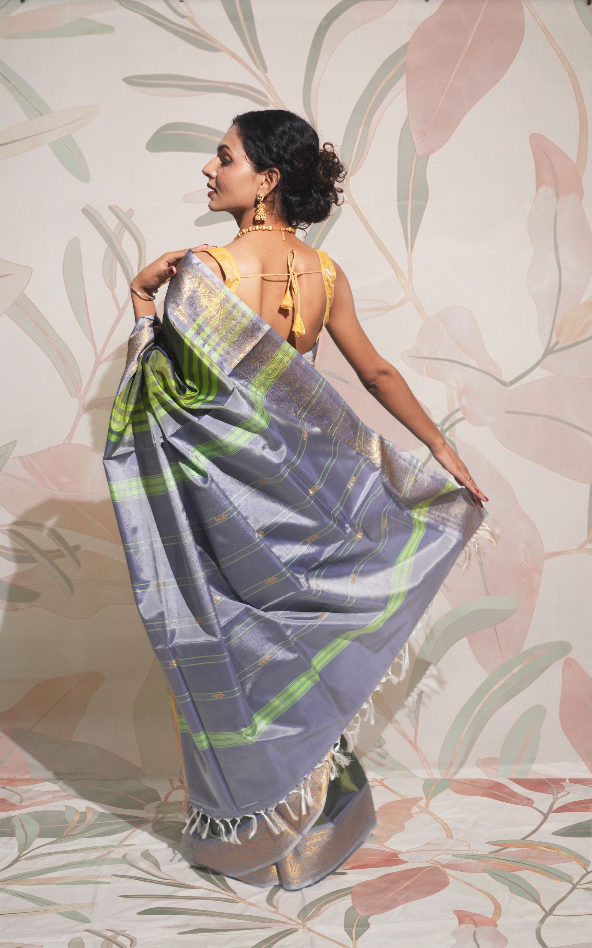Forest Green And Grey  Banana Silk Saree
