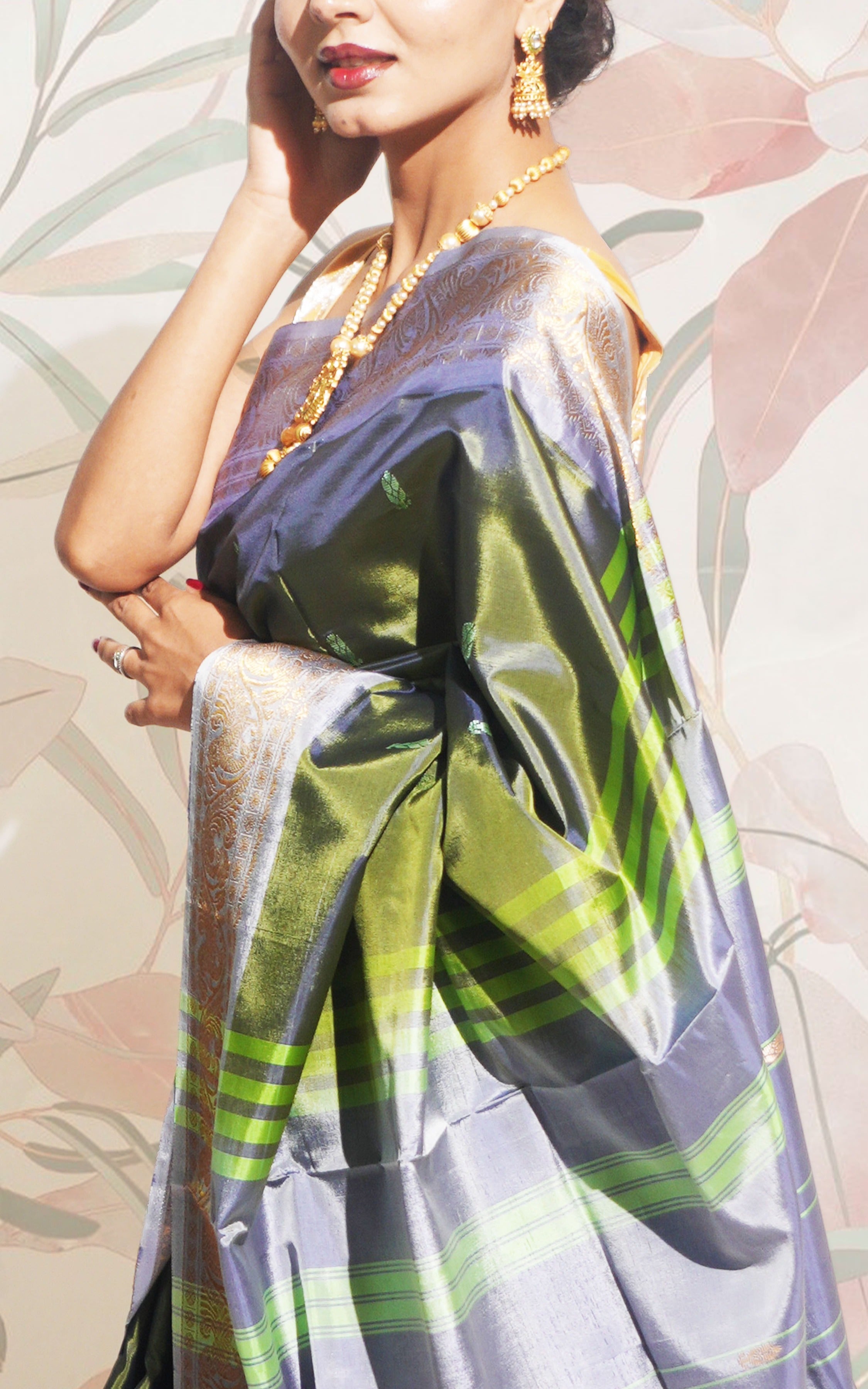 Forest Green And Grey  Banana Silk Saree