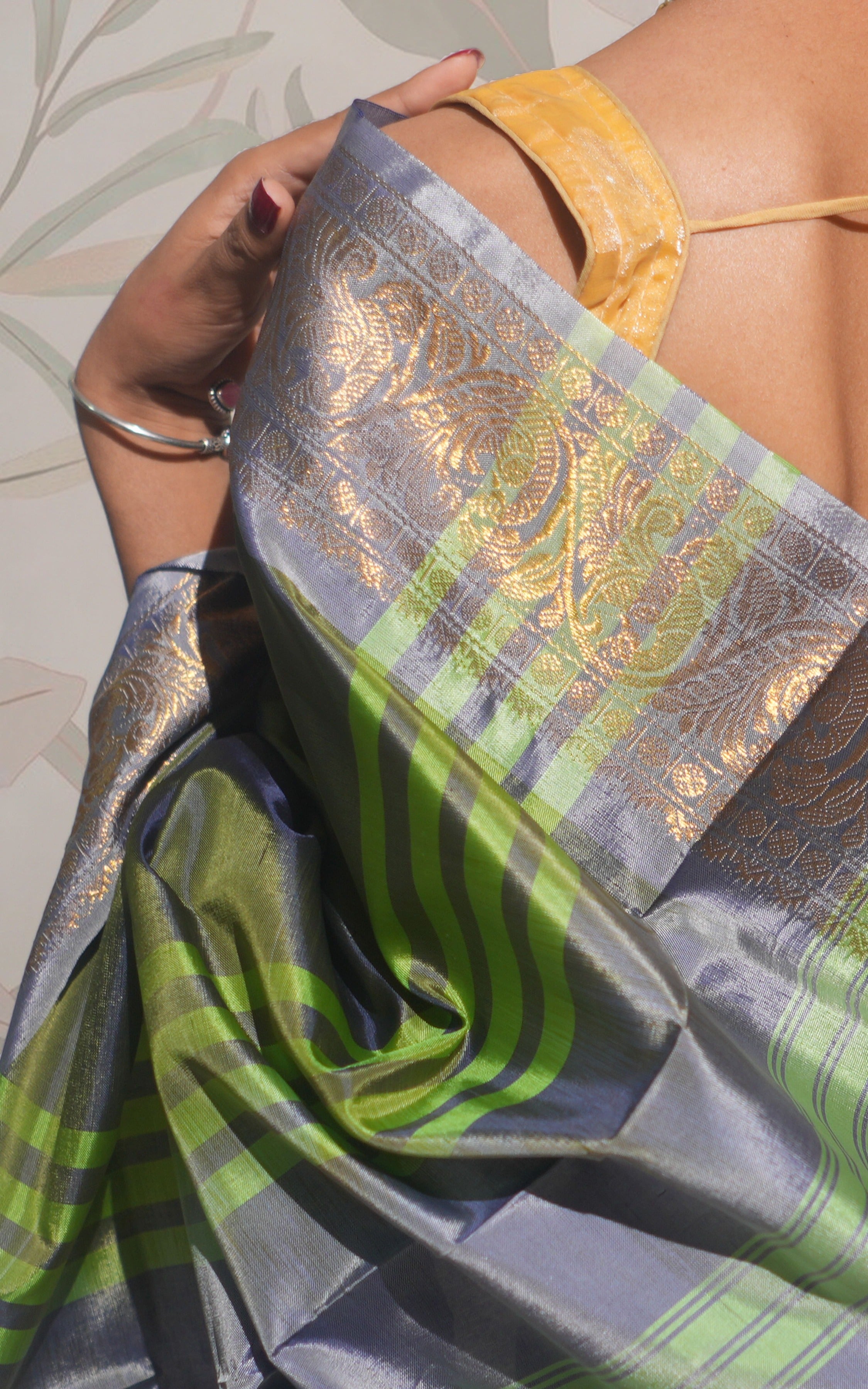 Forest Green And Grey  Banana Silk Saree