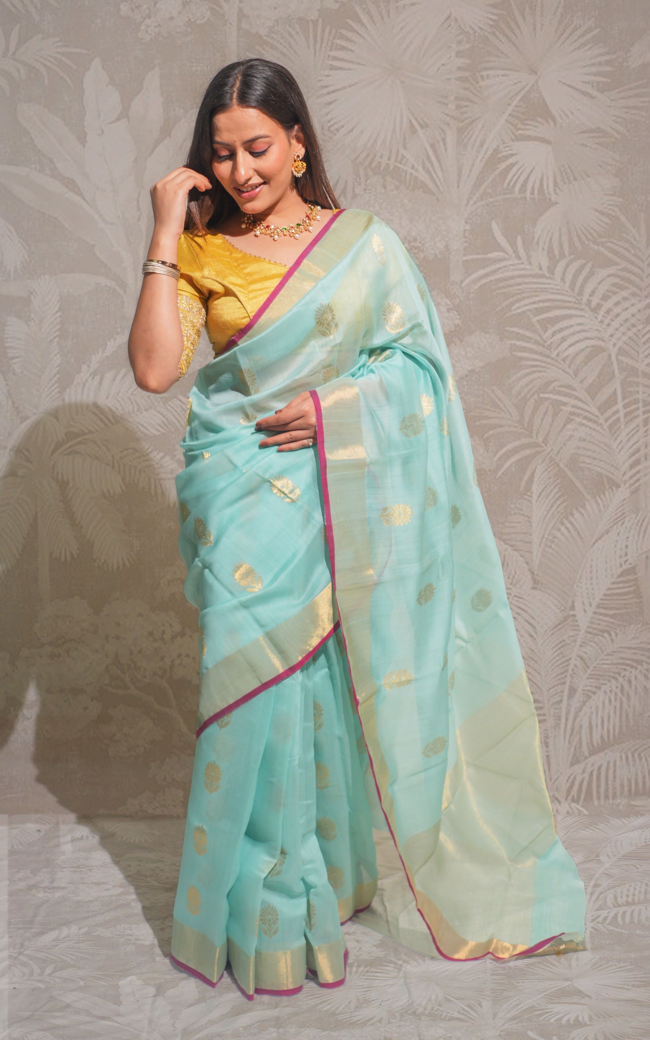 Light Pastel Blue Gold Border Chanderi Silk Saree
