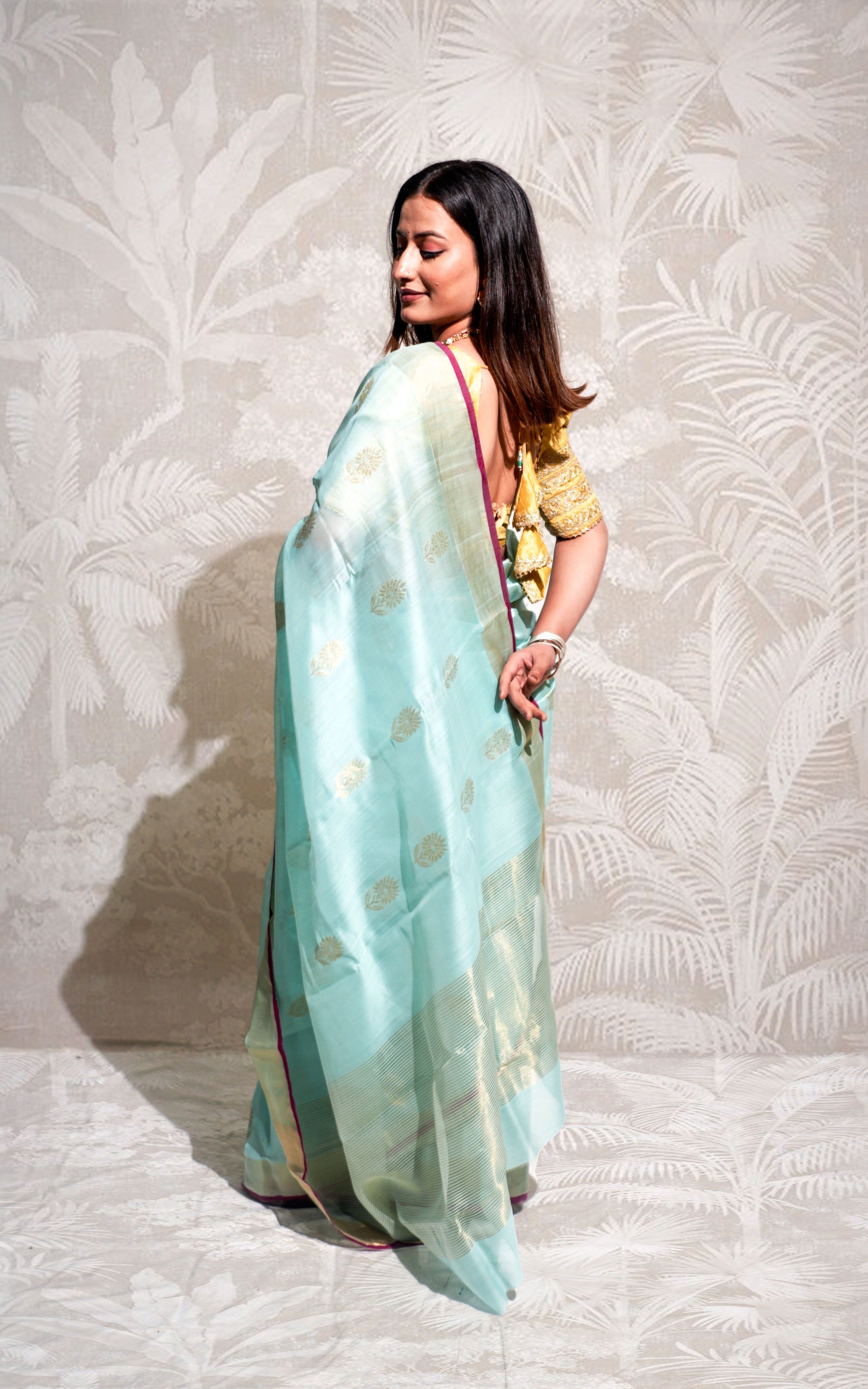 Light Pastel Blue Gold Border Chanderi Silk Saree