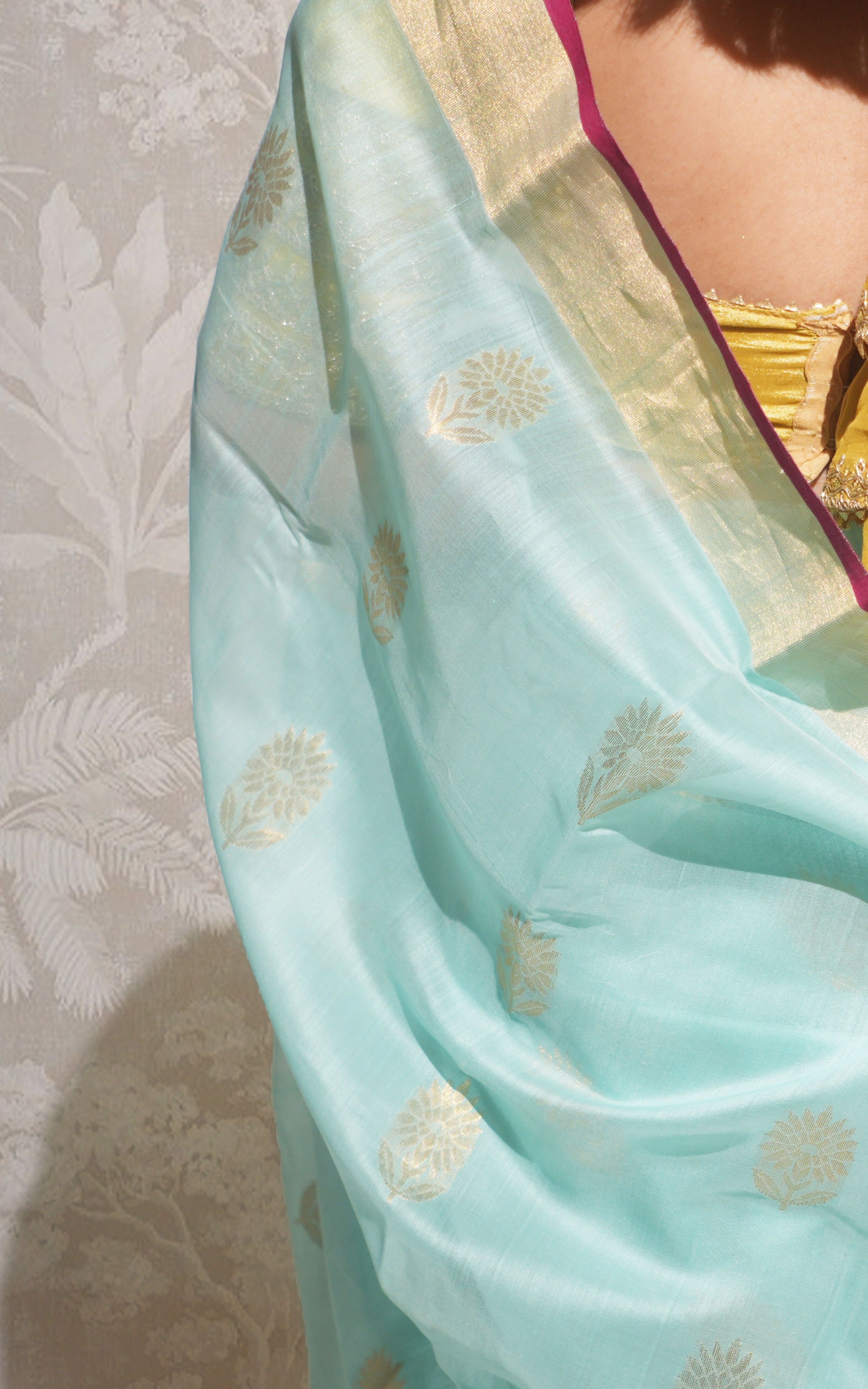 Light Pastel Blue Gold Border Chanderi Silk Saree