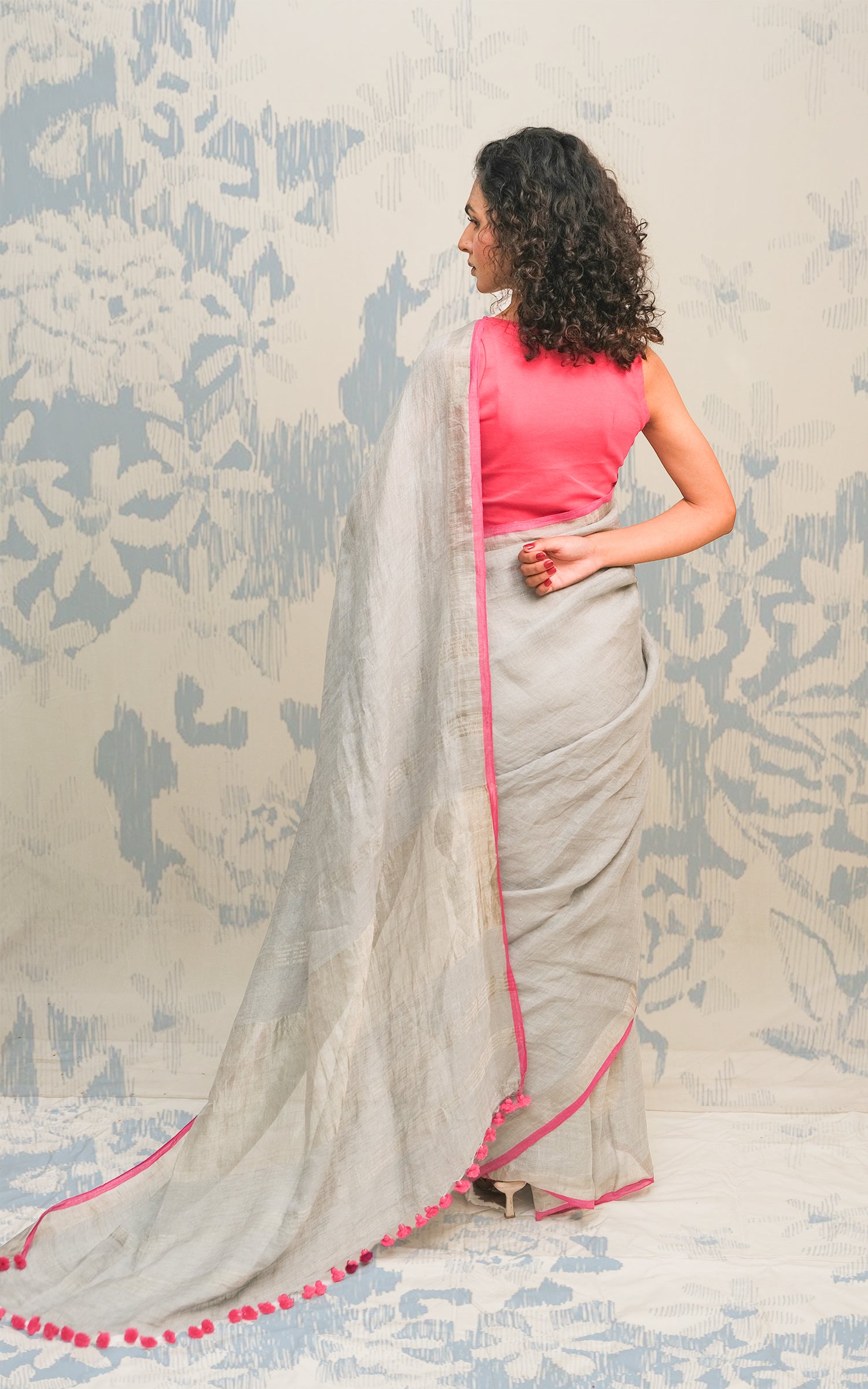 Soft Grey And Silver Border Linen Saree