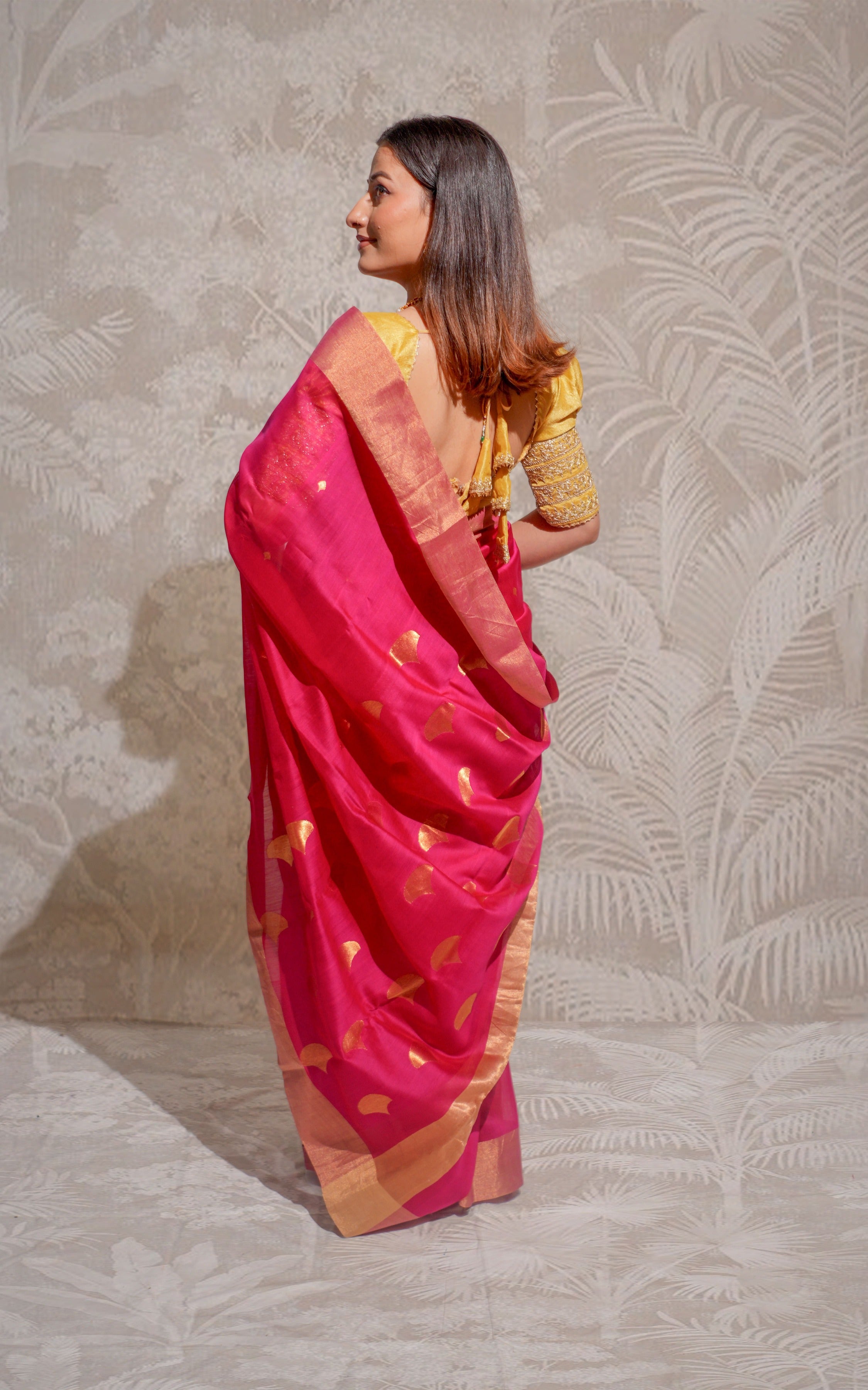 Rani Pink And Gold Border Chanderi Silk Saree