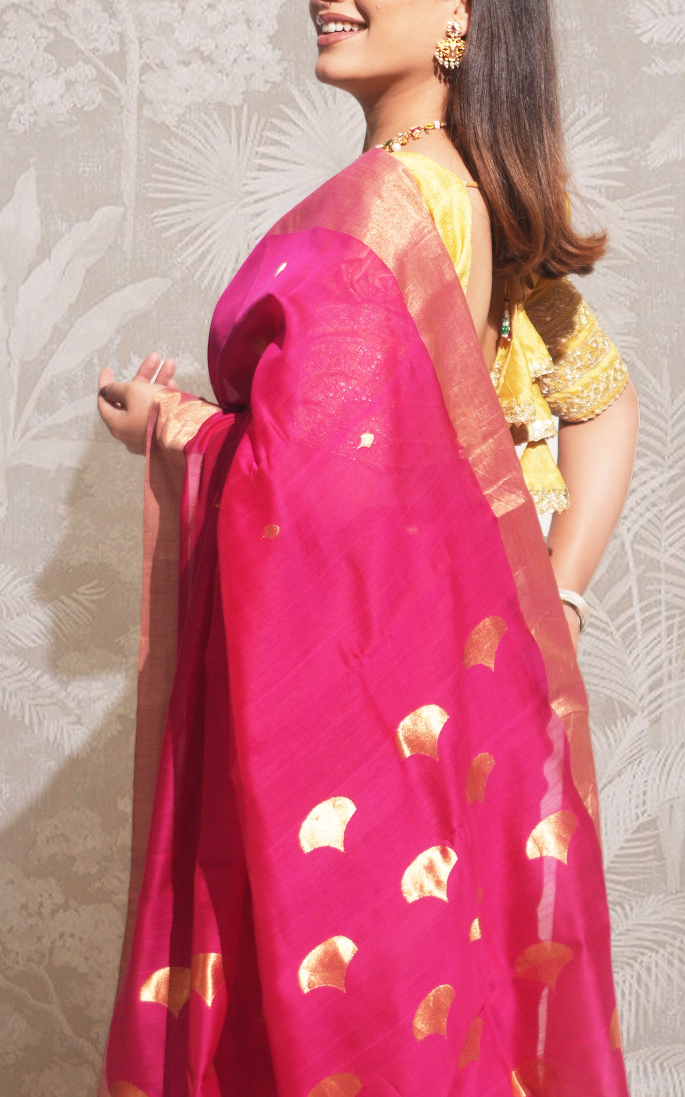 Rani Pink And Gold Border Chanderi Silk Saree