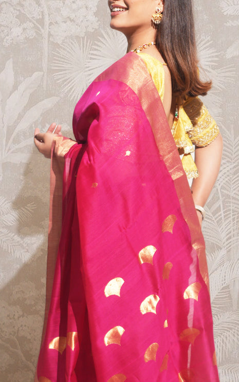 Rani Pink And Gold Border Chanderi Silk Saree