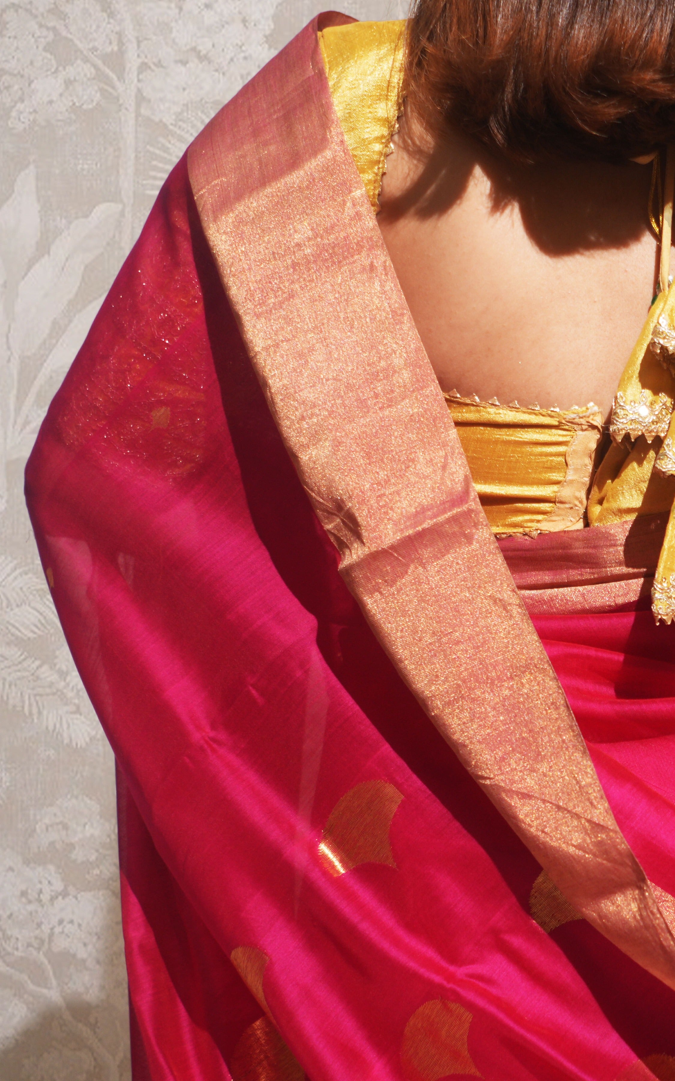 Rani Pink And Gold Border Chanderi Silk Saree
