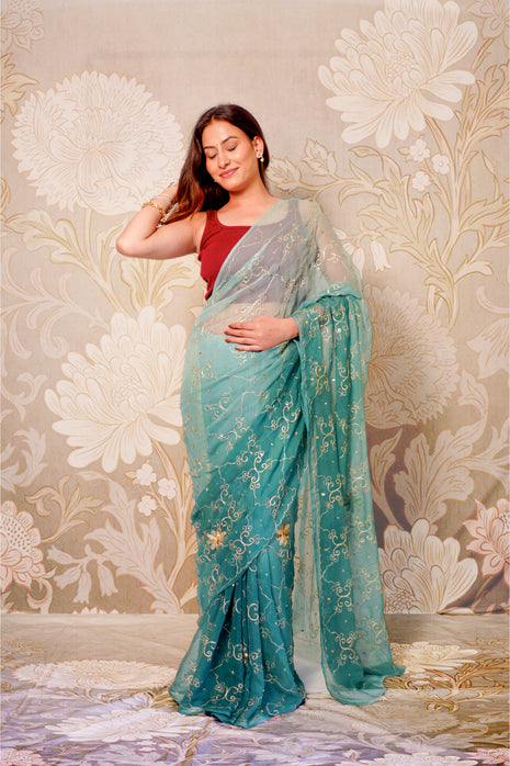 Sea Green & Teal Shaded Chiffon Saree