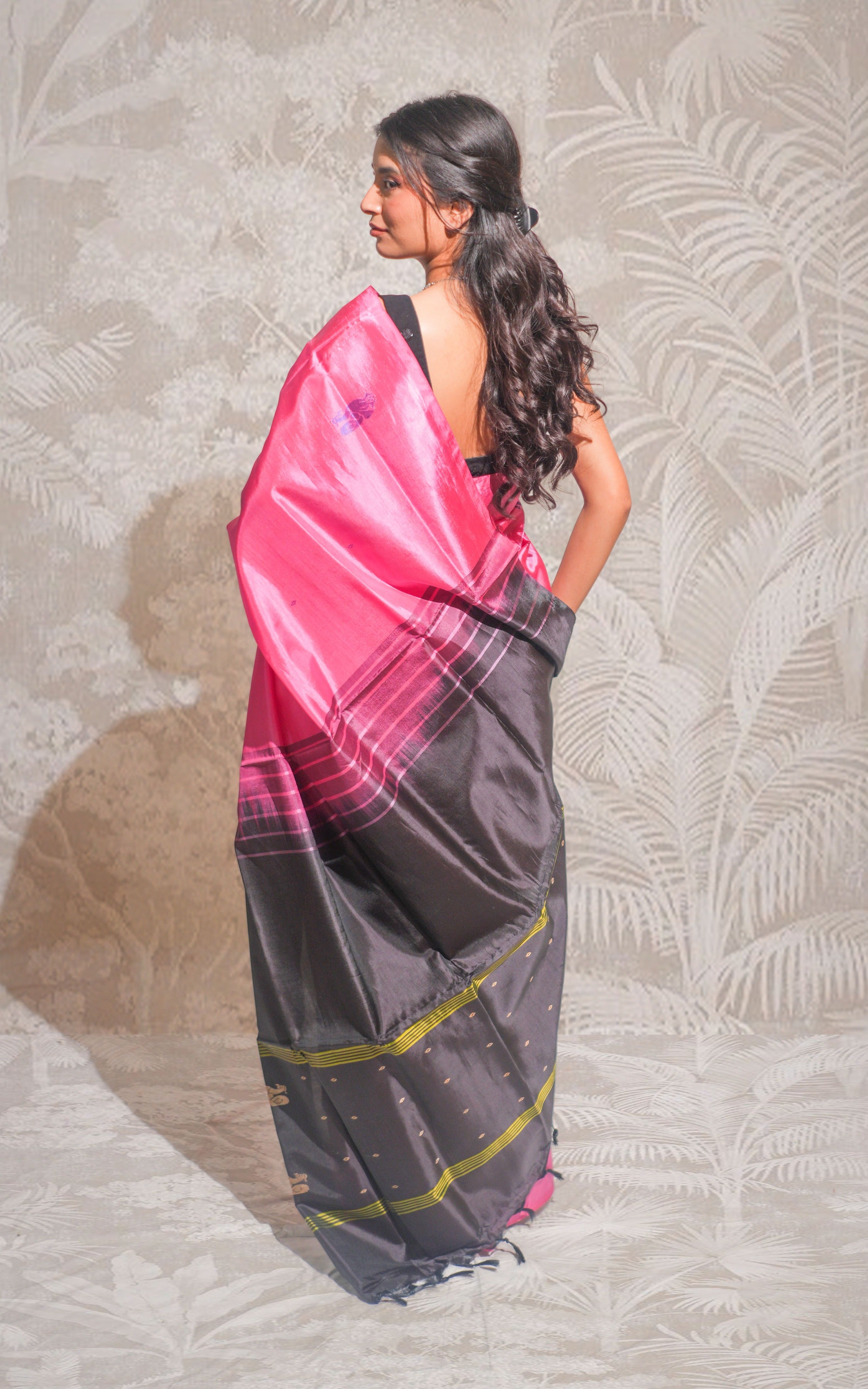 Bright Pink And Charcoal Black  Banana Silk Saree