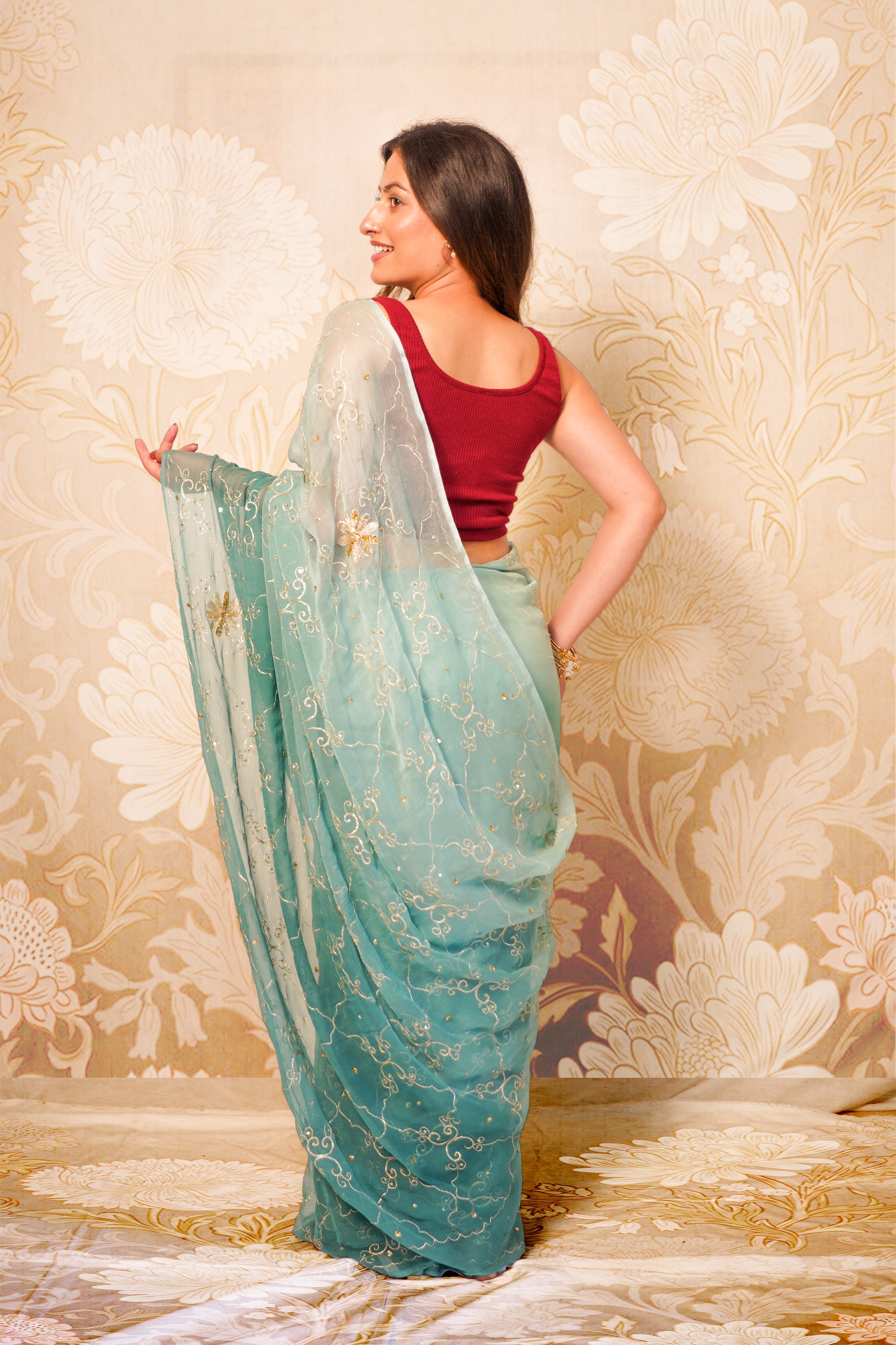 Sea Green & Teal Shaded Chiffon Saree