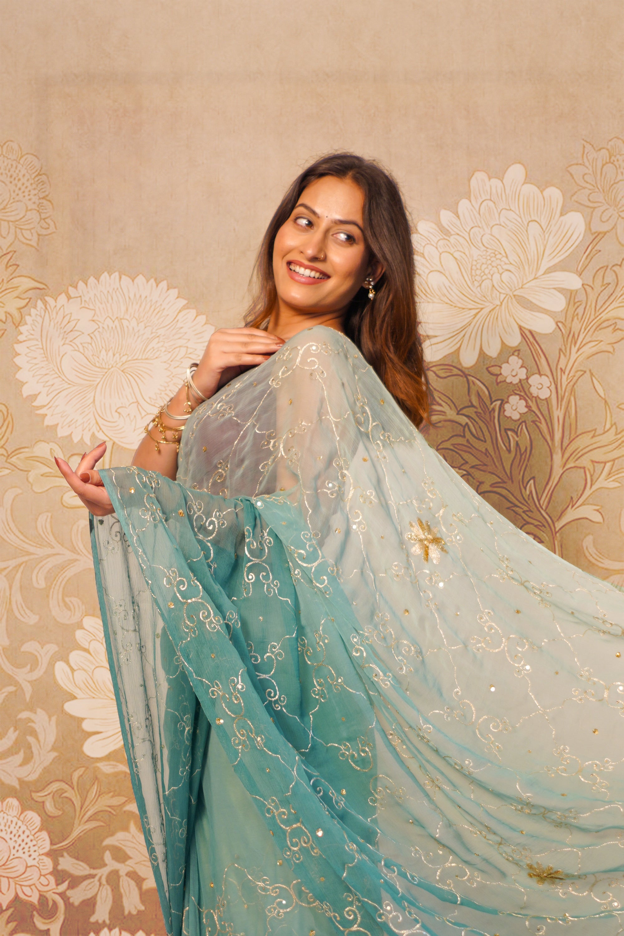 Sea Green & Teal Shaded Chiffon Saree