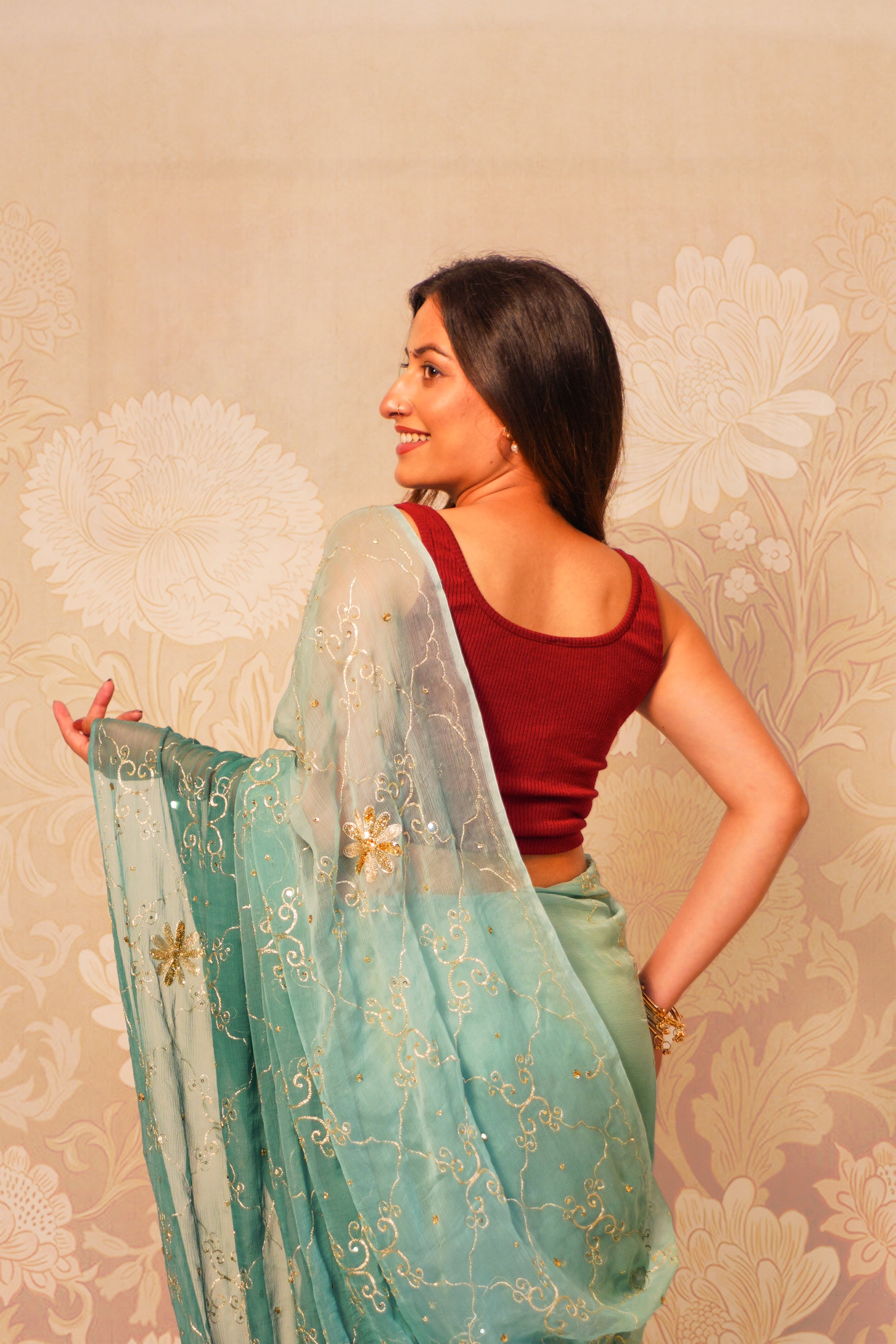 Sea Green & Teal Shaded Chiffon Saree