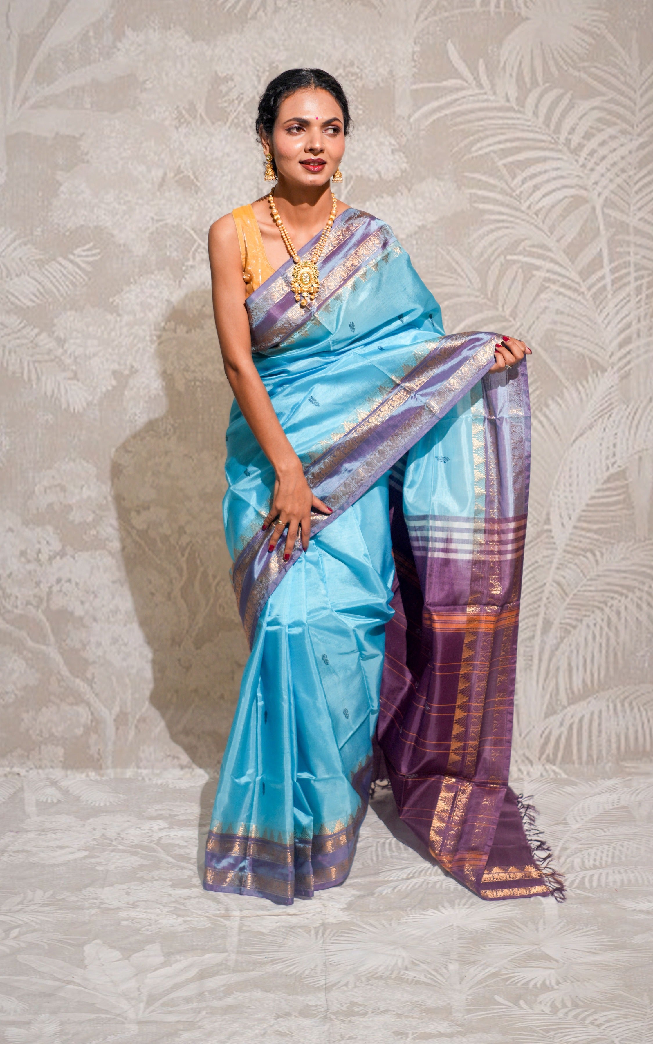 Sky Blue And Dark Lavender  Banana Silk Saree