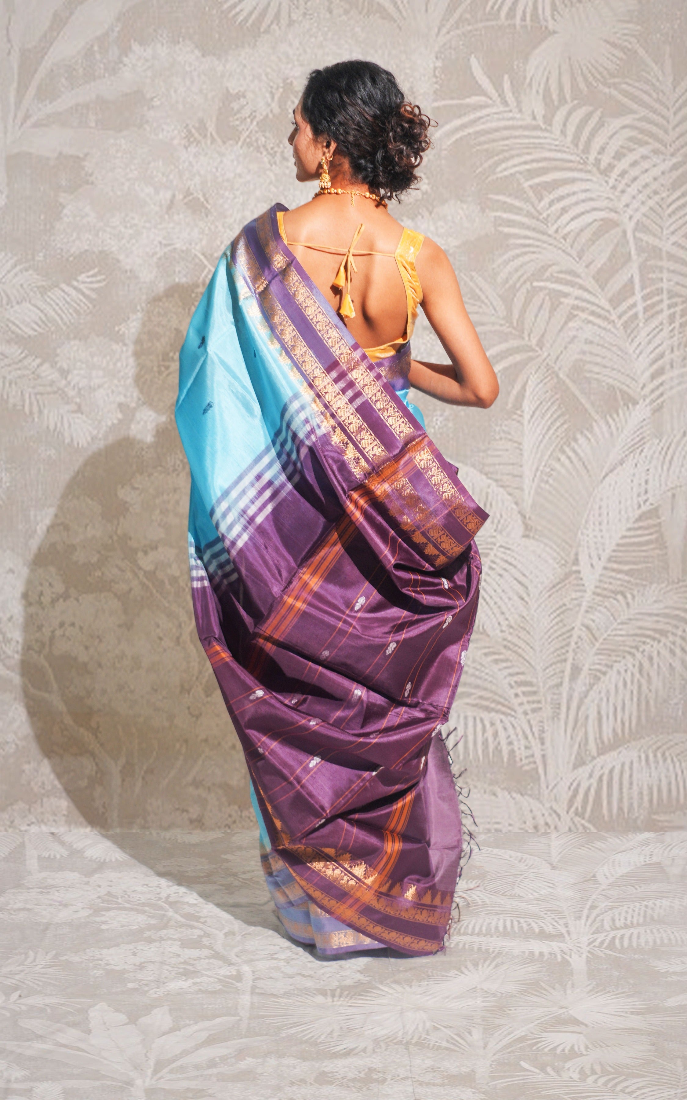 Sky Blue And Dark Lavender  Banana Silk Saree