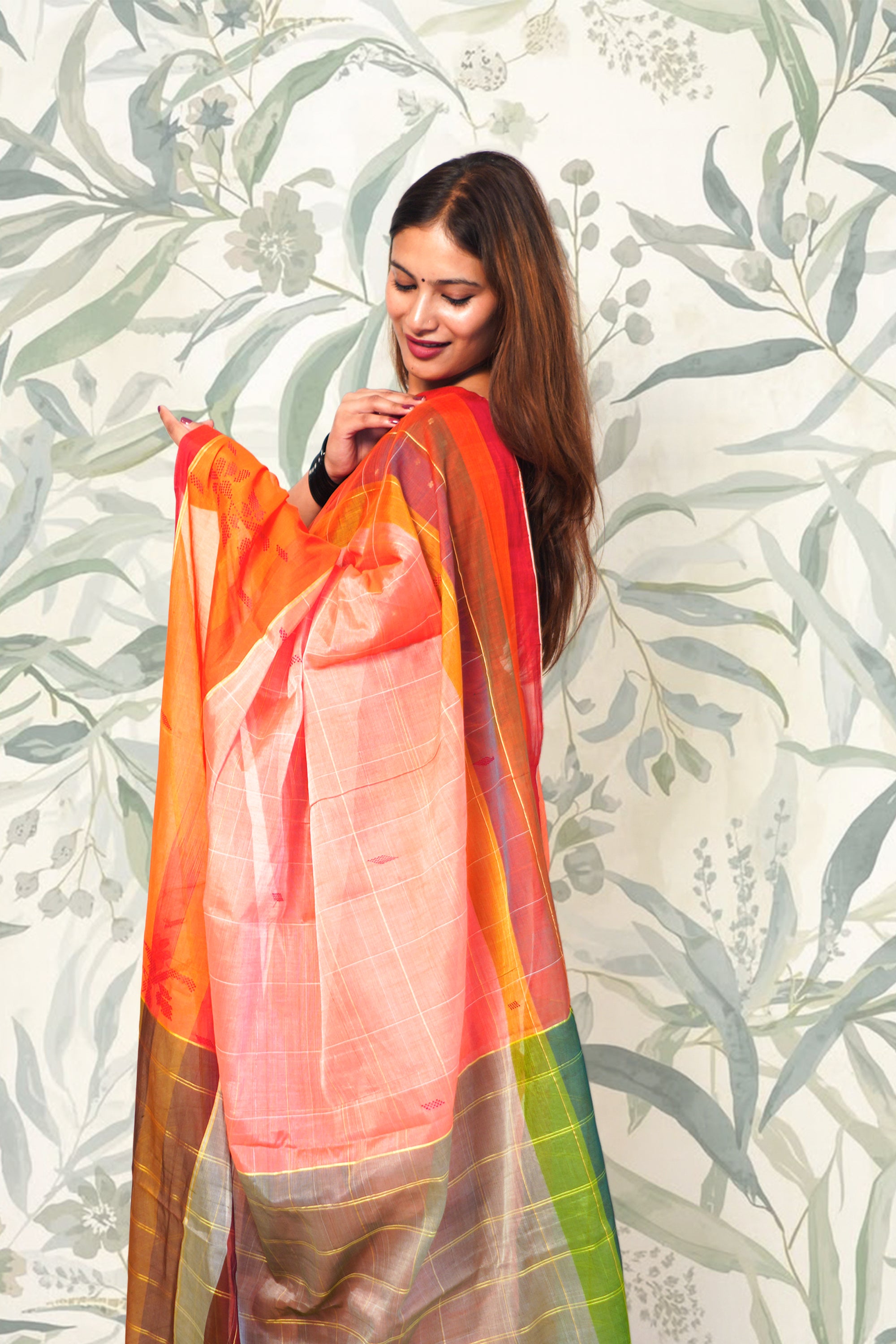 Orange Chedda Butti Cotton Saree