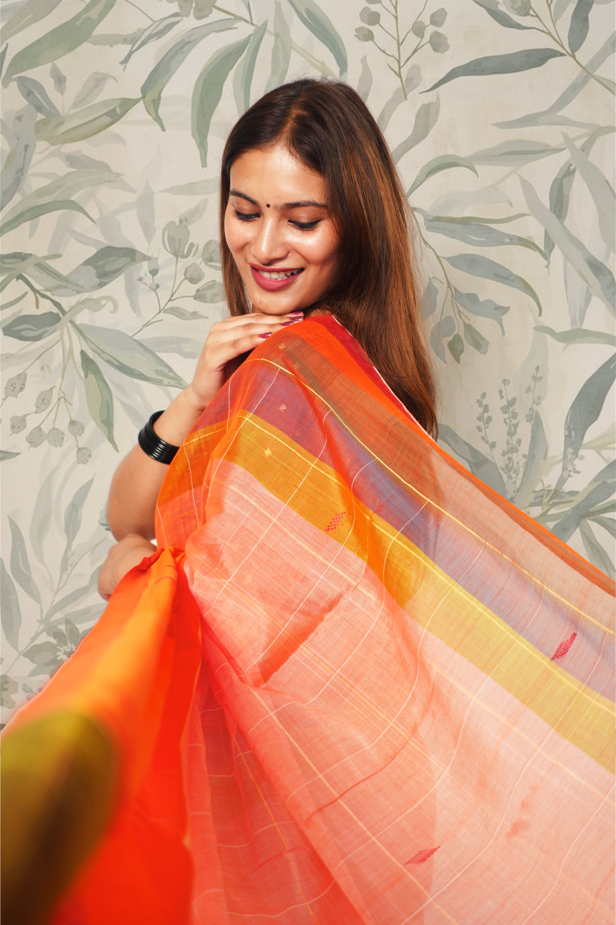 Orange Chedda Butti Cotton Saree
