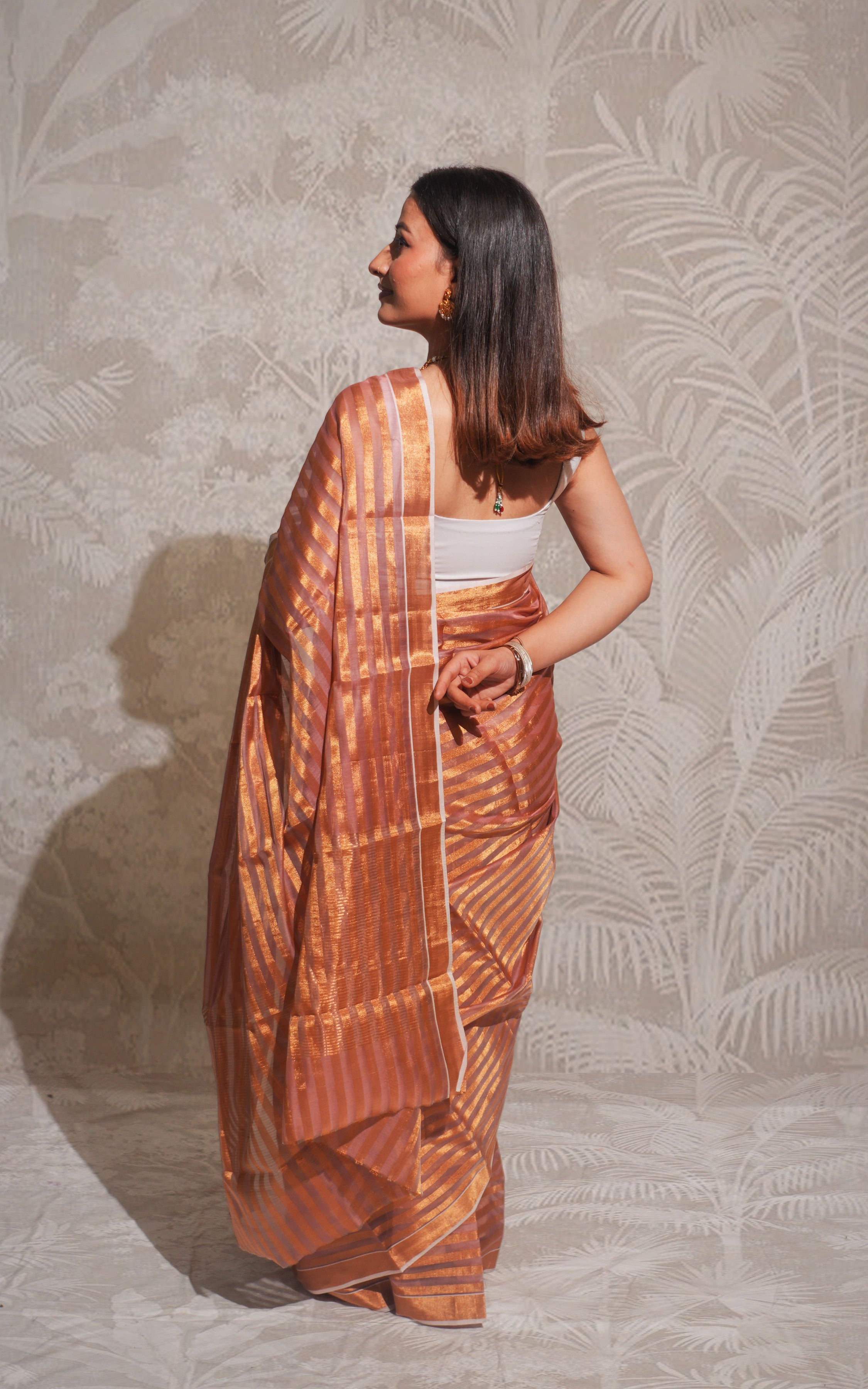 Rose Pink And Gold Stripe Chanderi Silk Saree