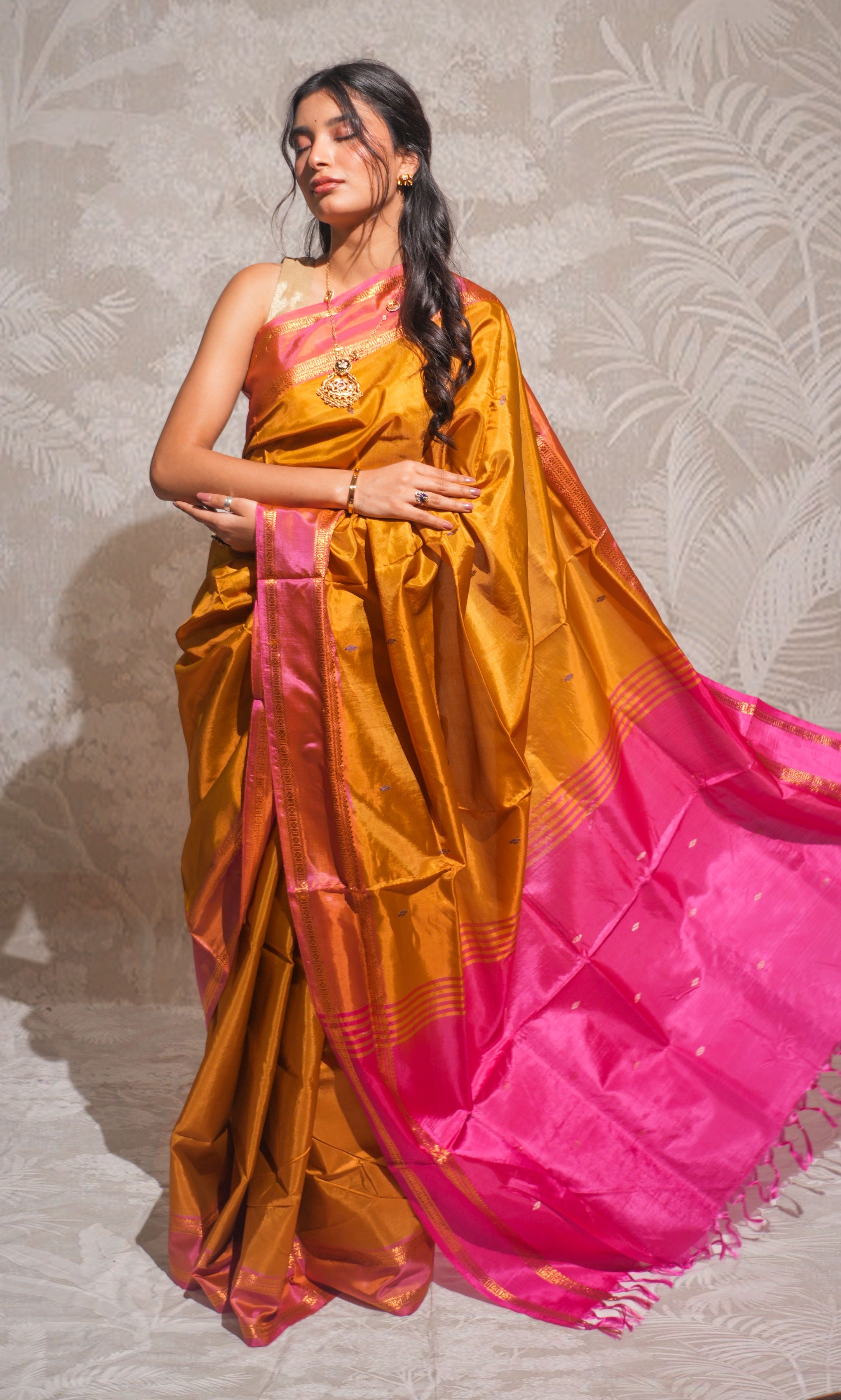 Dark Mustard Yellow And Pink Banana Silk Saree