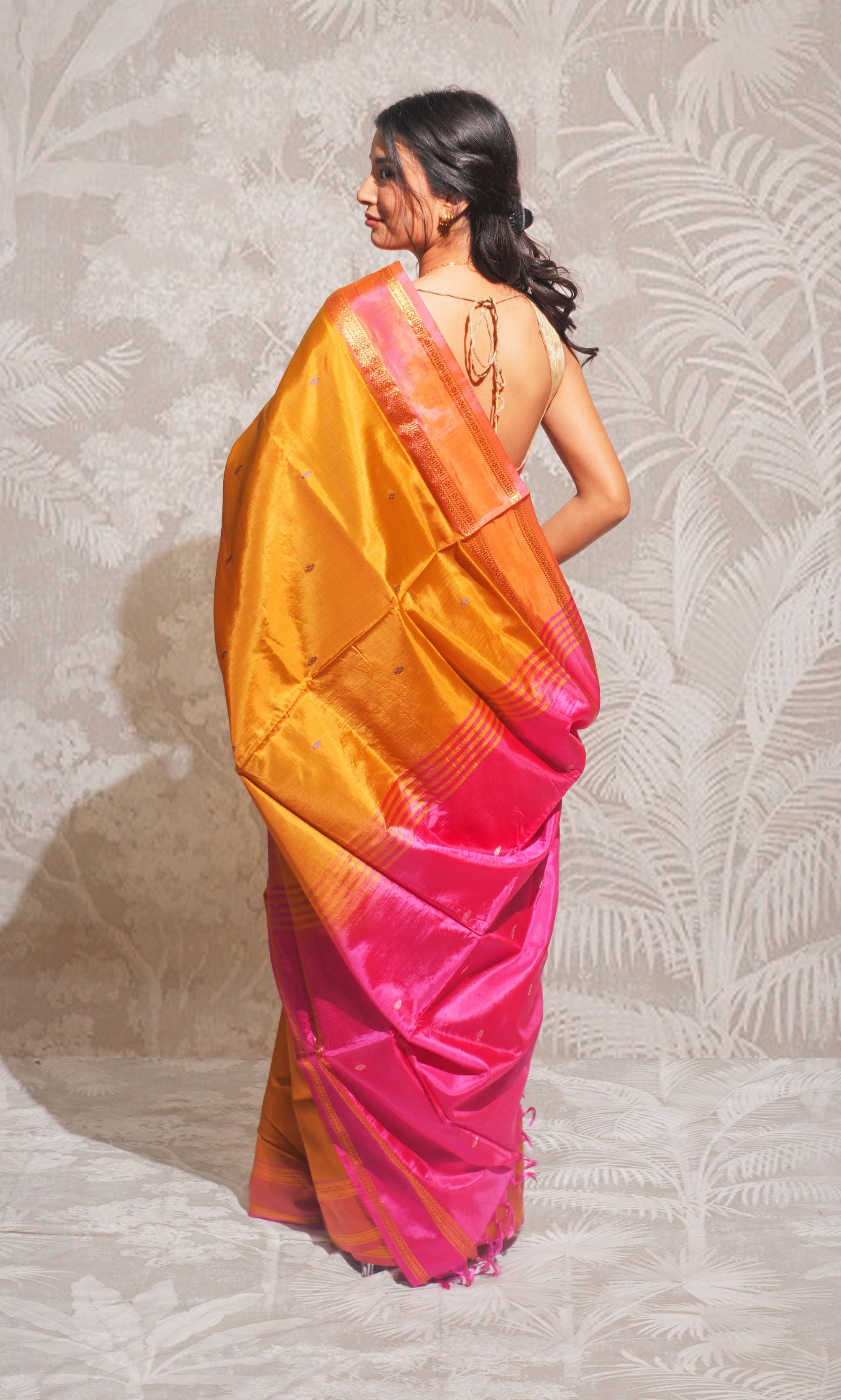 Dark Mustard Yellow And Pink Banana Silk Saree