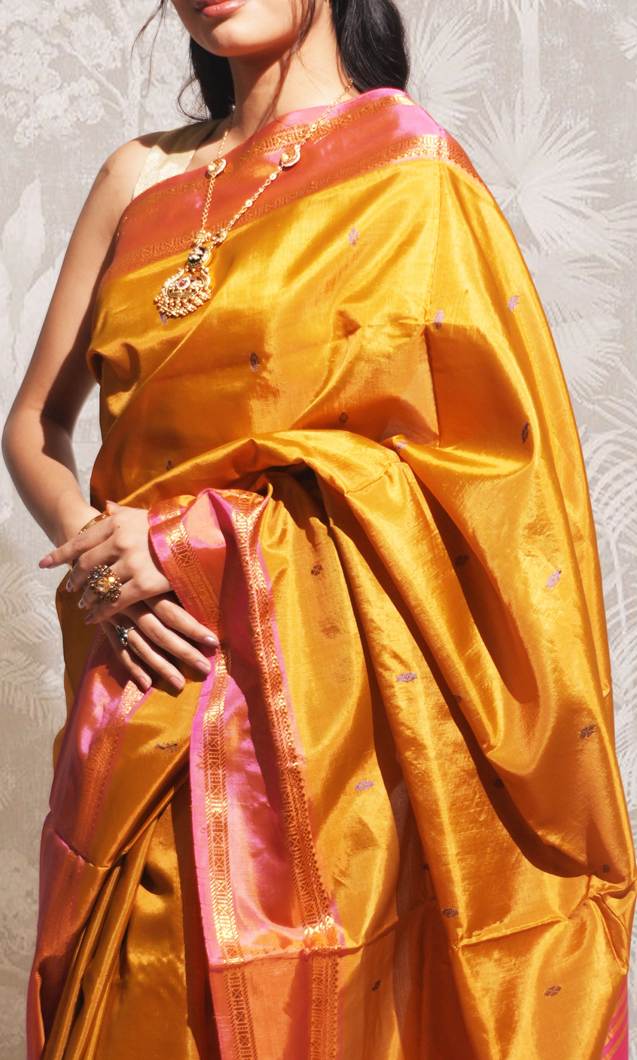 Dark Mustard Yellow And Pink Banana Silk Saree