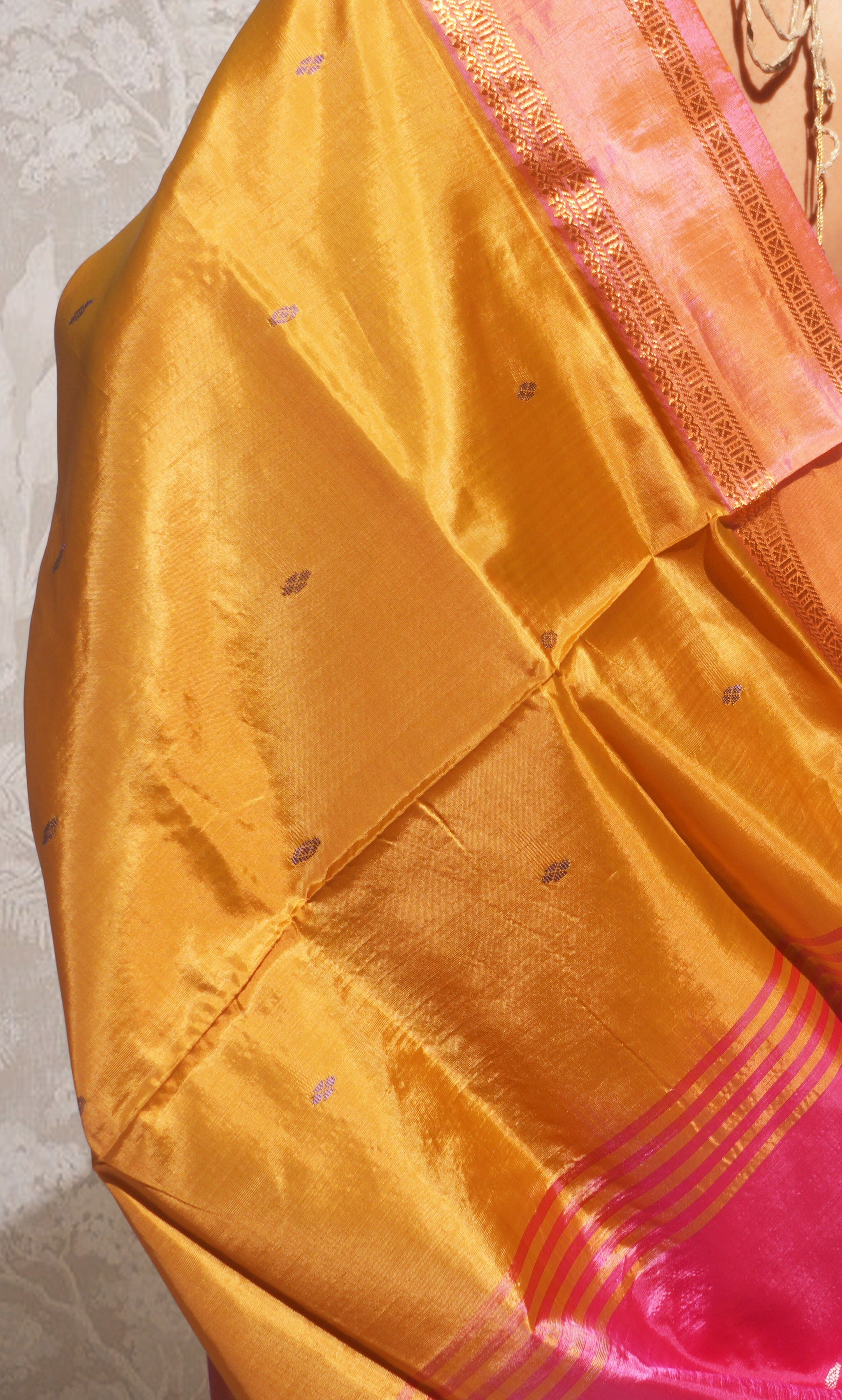 Dark Mustard Yellow And Pink Banana Silk Saree
