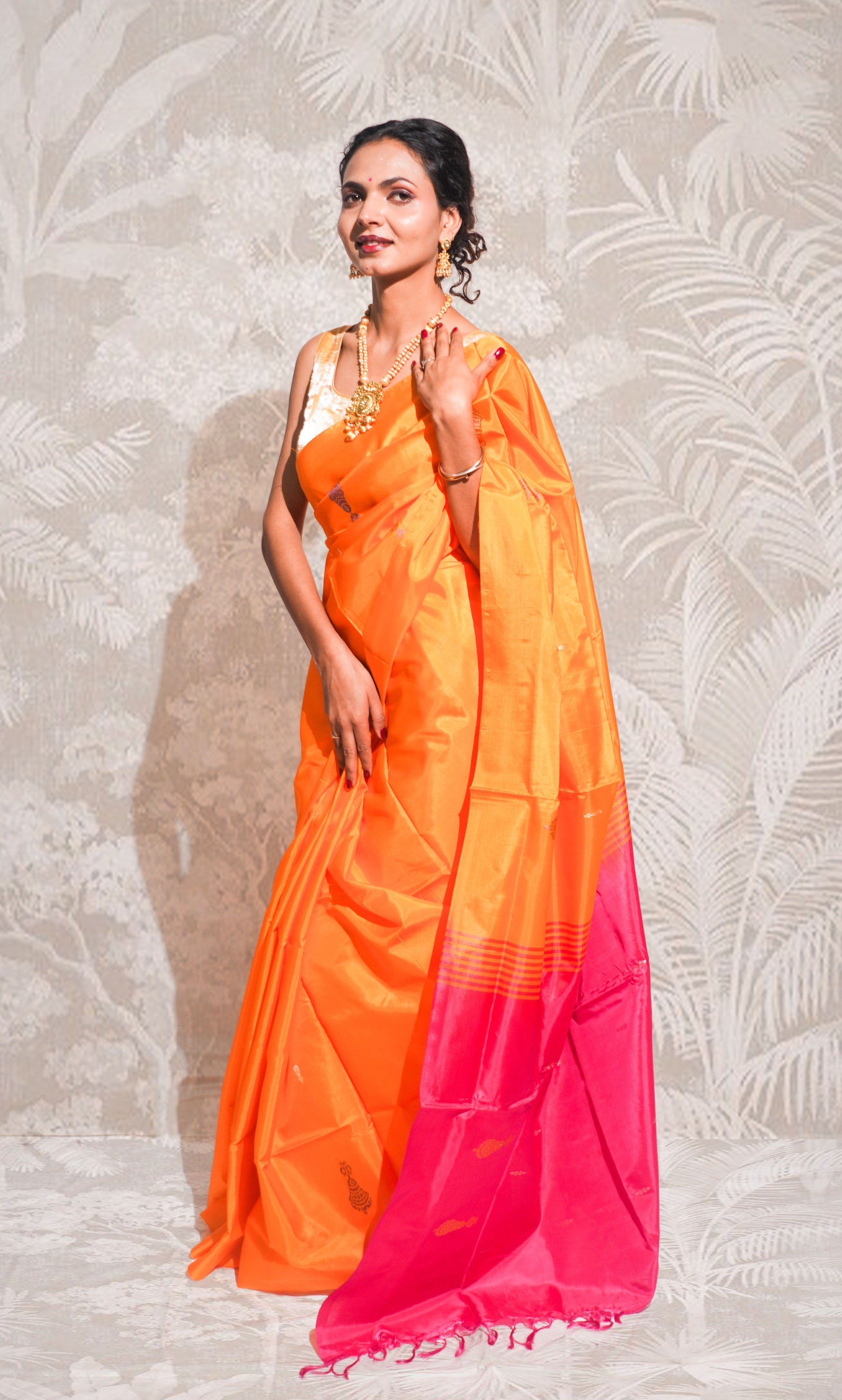 Orange And Pink Peach  Banana Silk Saree