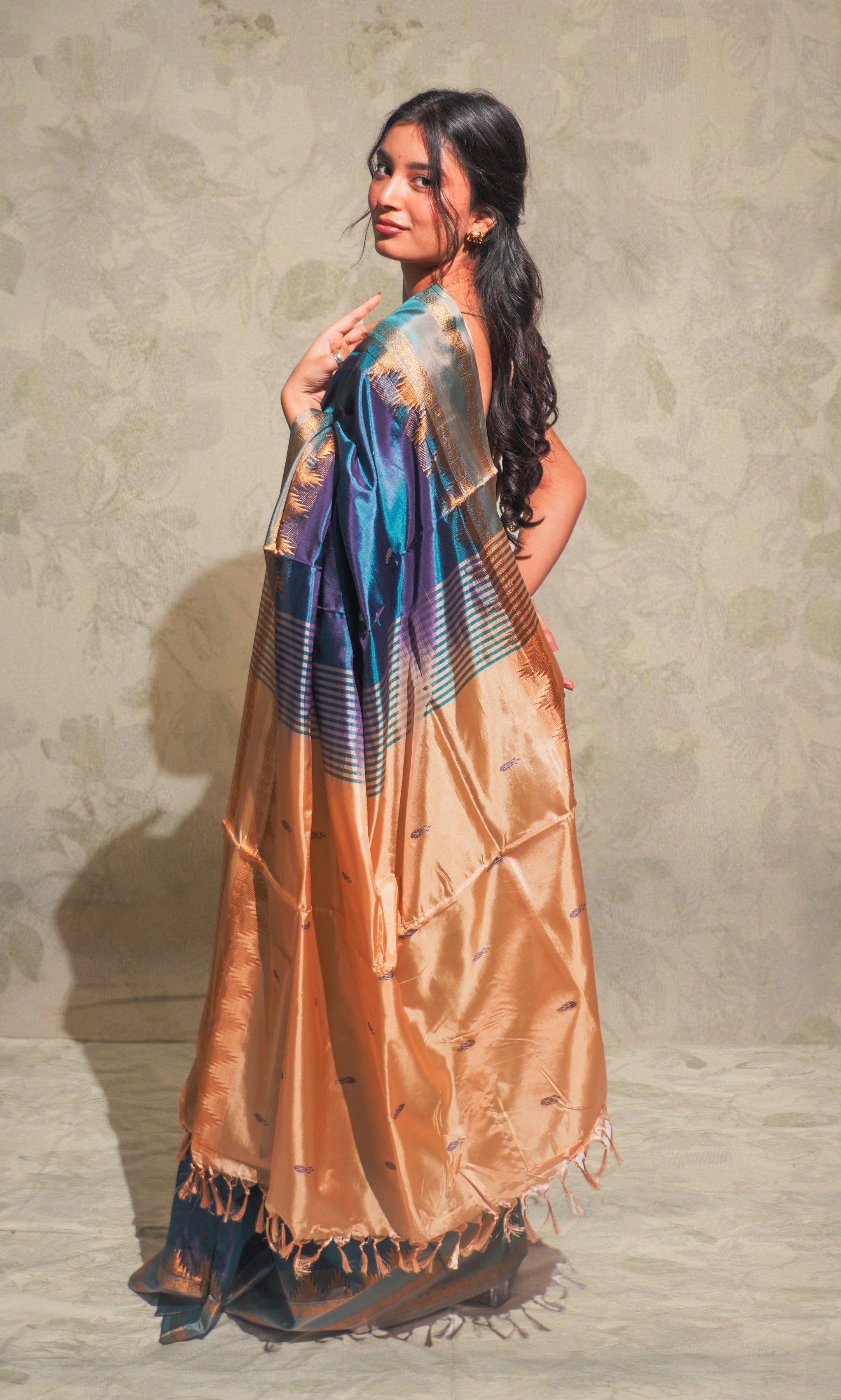 Peacock Blue And Cream  Banana Silk Saree