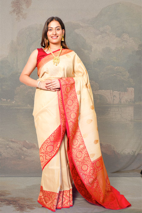 Royal Cream With Crimson Red Contrast Border Tussar Silk Saree with Blouse Piece