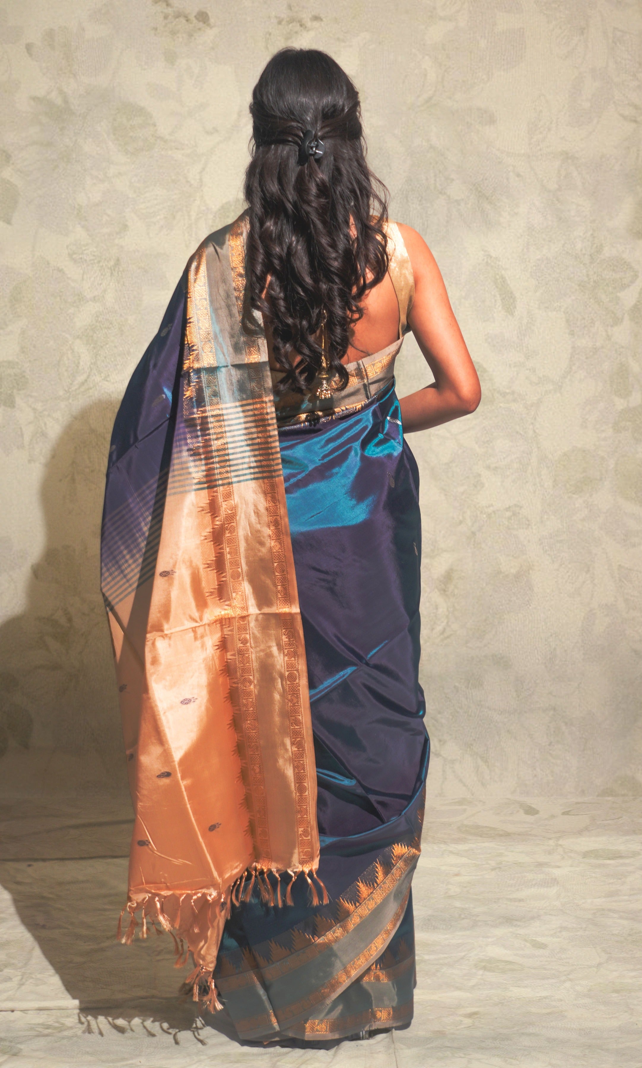 Peacock Blue And Cream  Banana Silk Saree