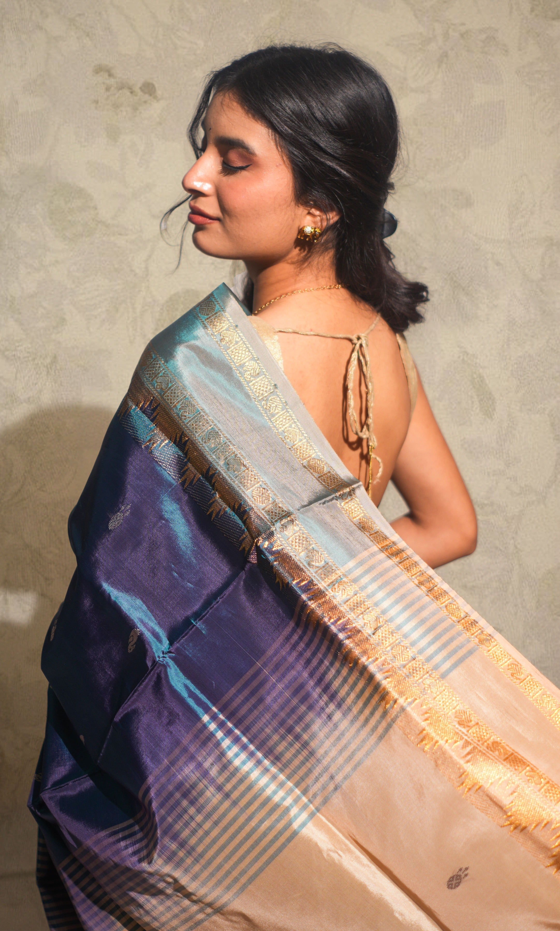 Peacock Blue And Cream  Banana Silk Saree