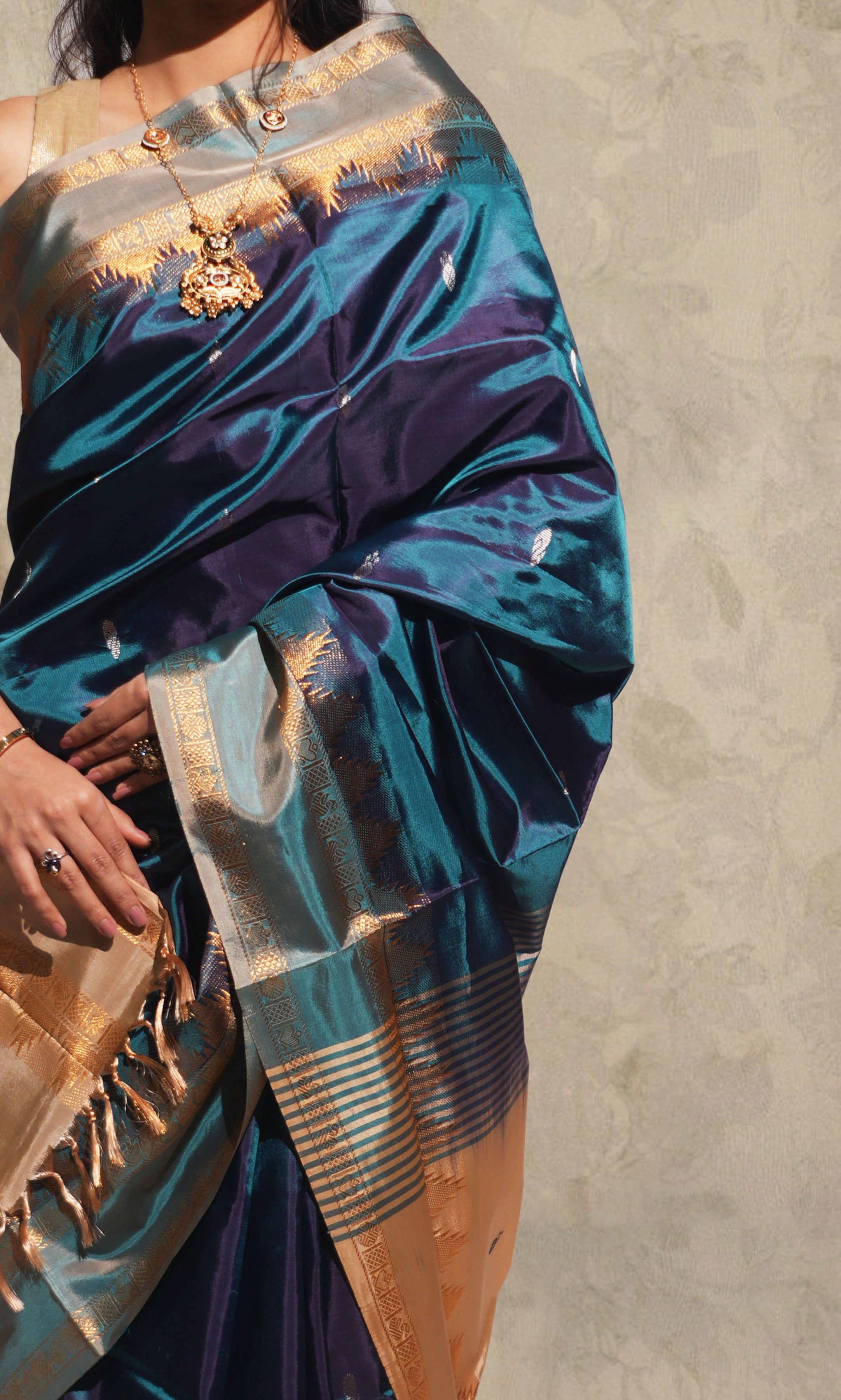 Peacock Blue And Cream  Banana Silk Saree