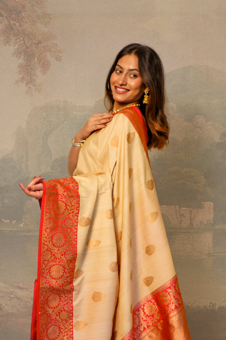 Royal Cream With Crimson Red Contrast Border Tussar Silk Saree with Blouse Piece