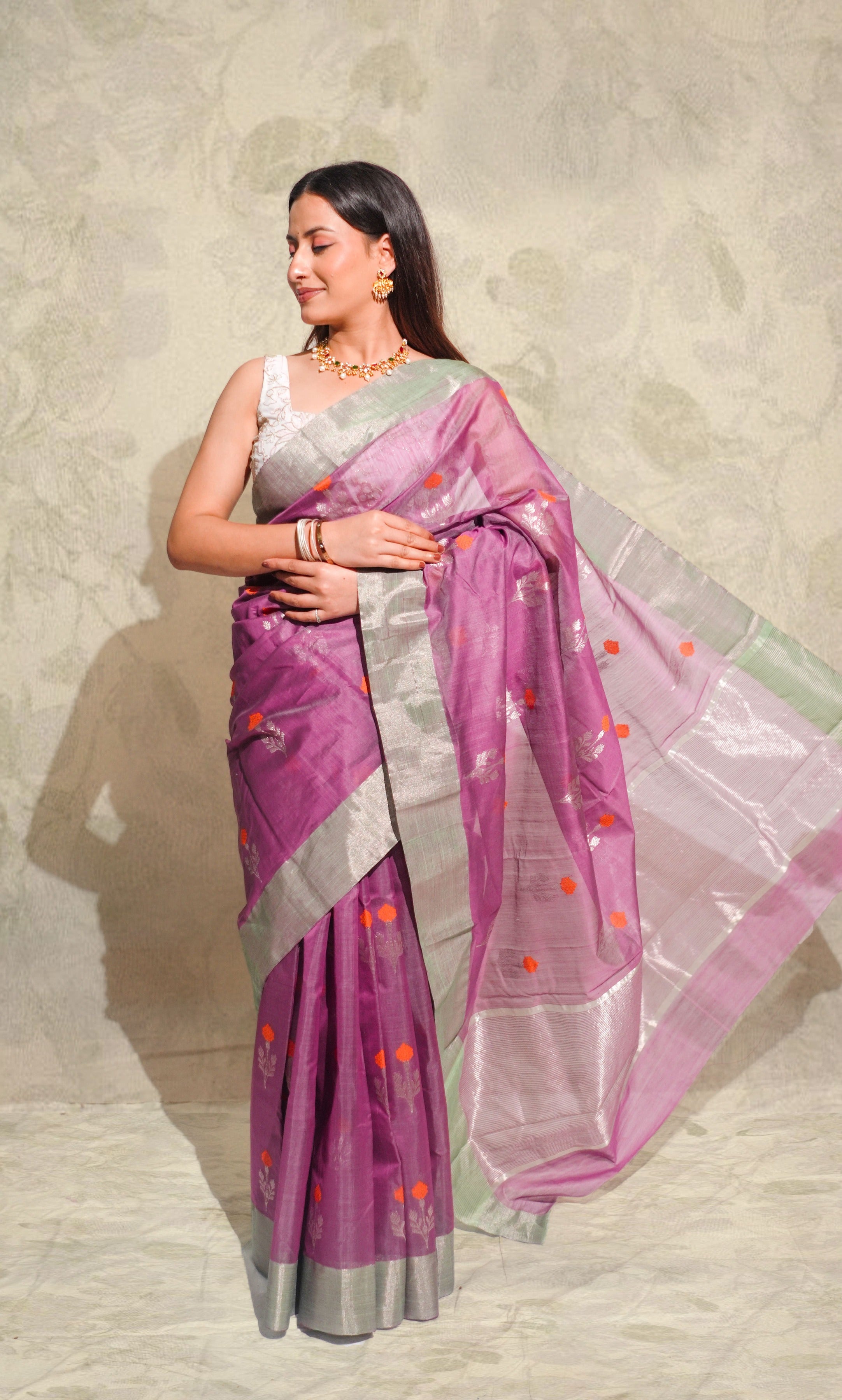 Mauve And Orange Butti Chanderi Silk Saree