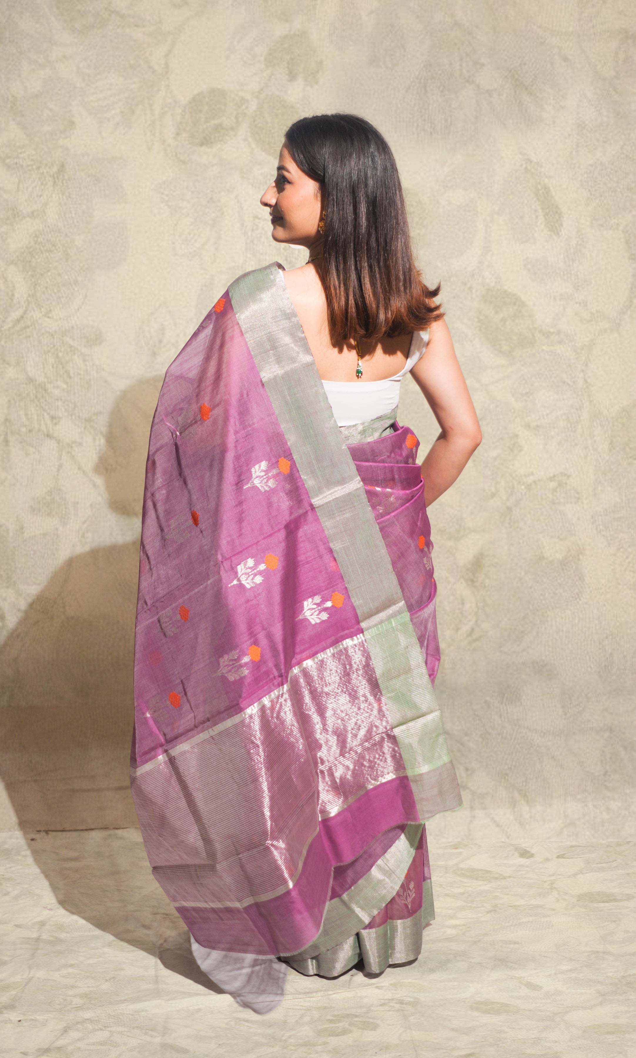 Mauve And Orange Butti Chanderi Silk Saree