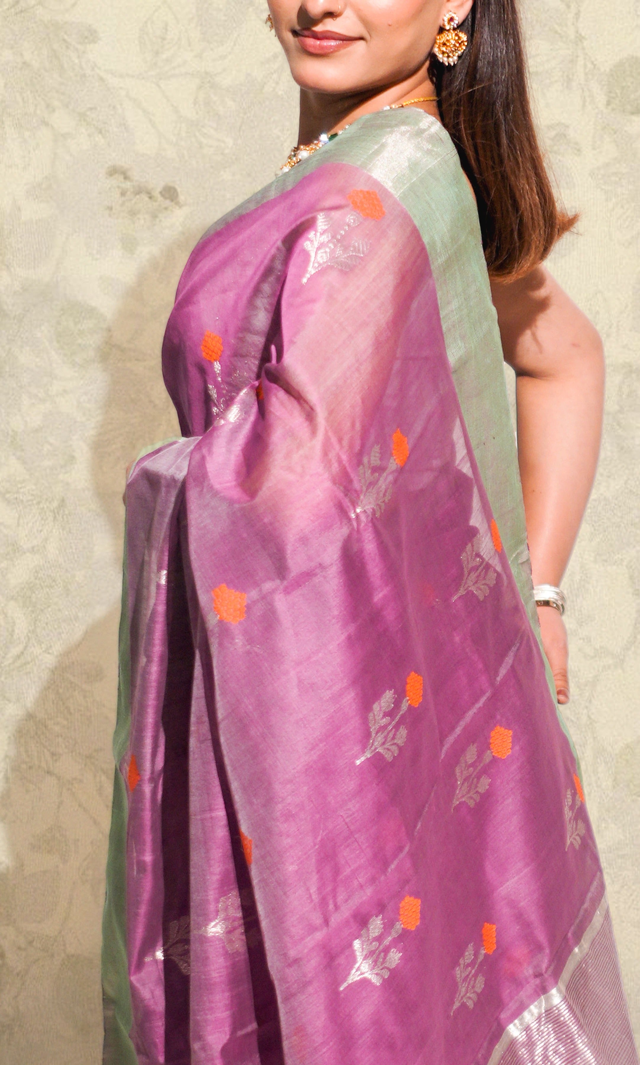 Mauve And Orange Butti Chanderi Silk Saree