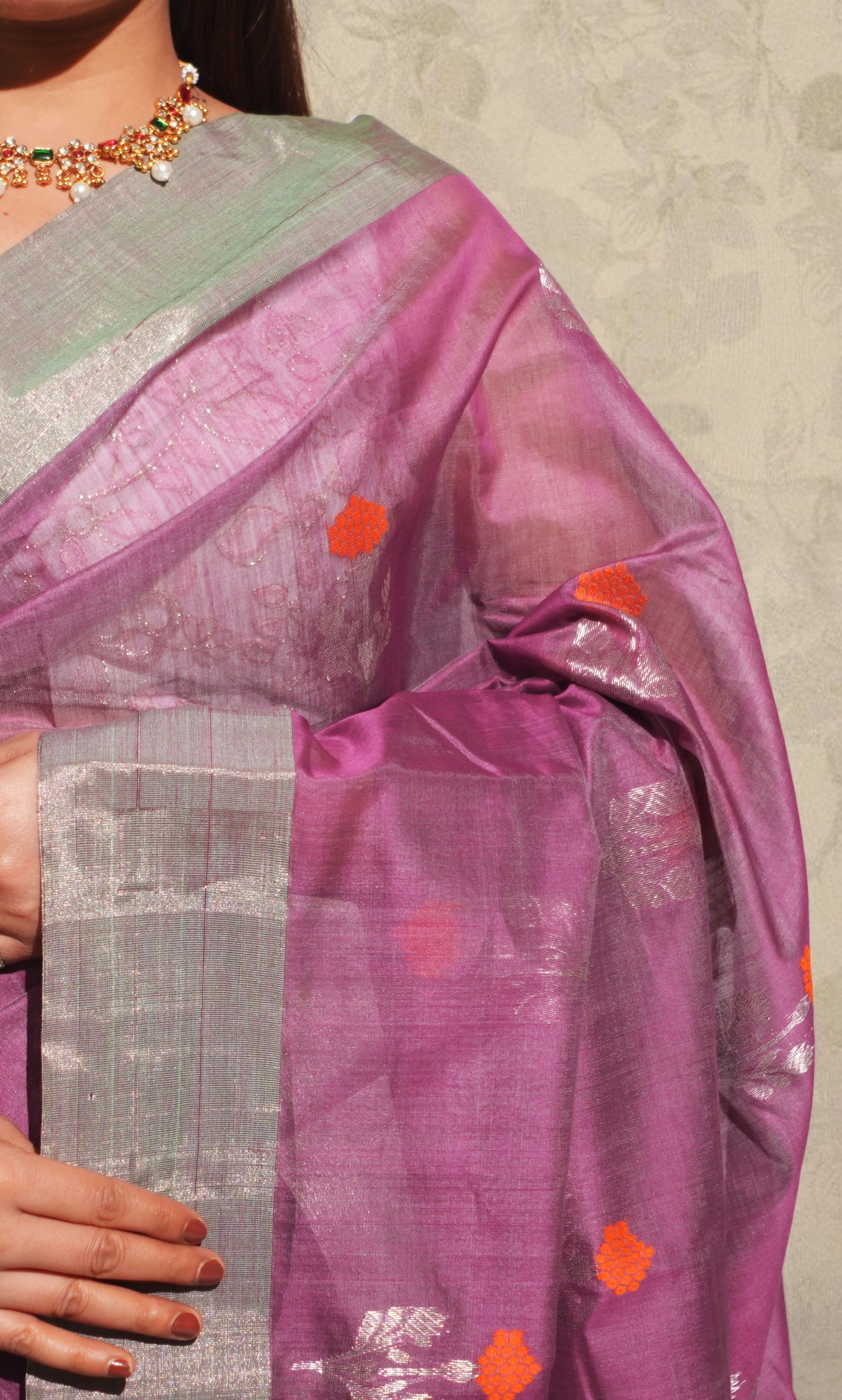 Mauve And Orange Butti Chanderi Silk Saree
