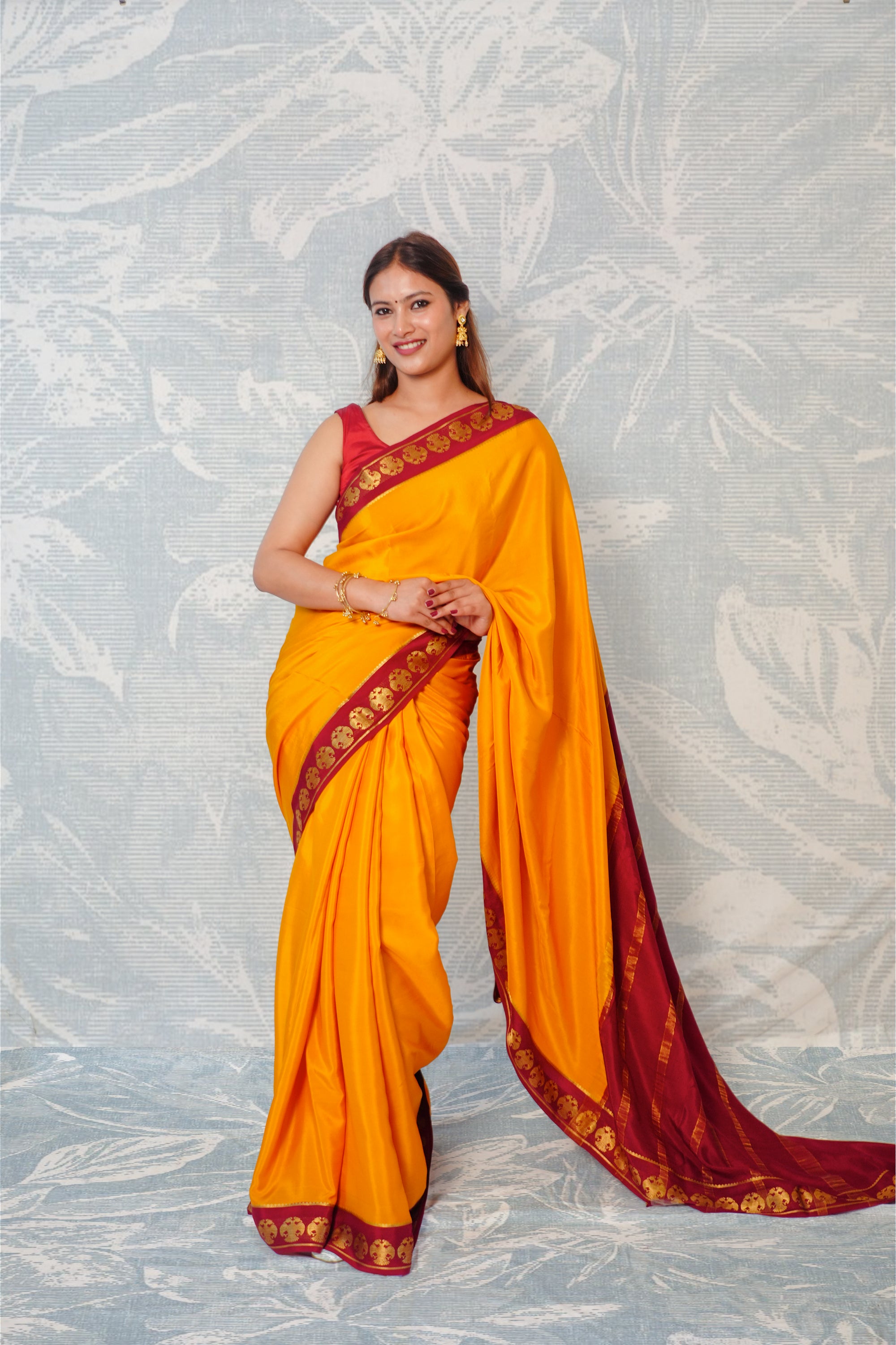 Mustard Yellow And Deep Maroon Mysore Silk Saree