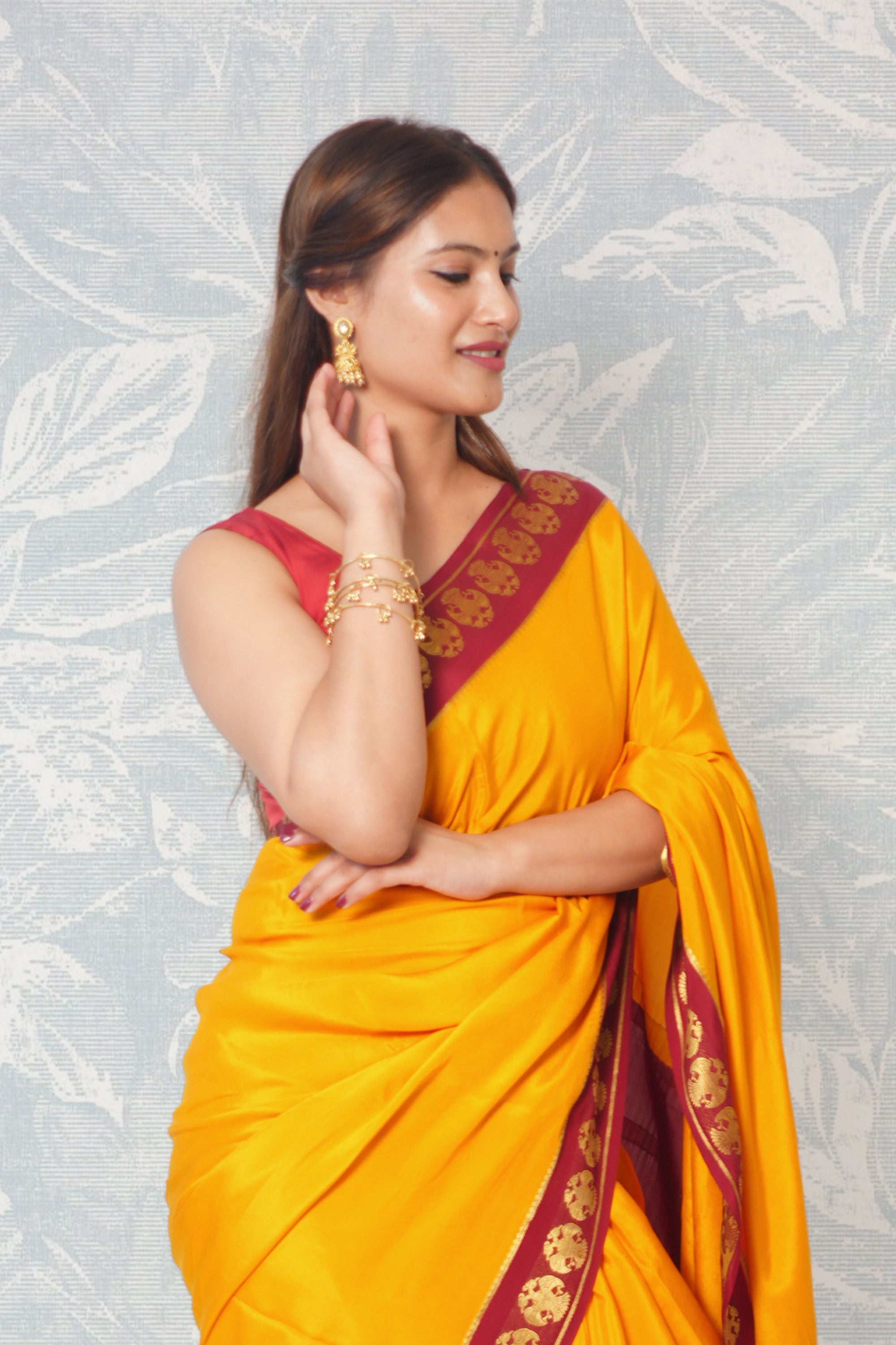 Mustard Yellow And Deep Maroon Mysore Silk Saree