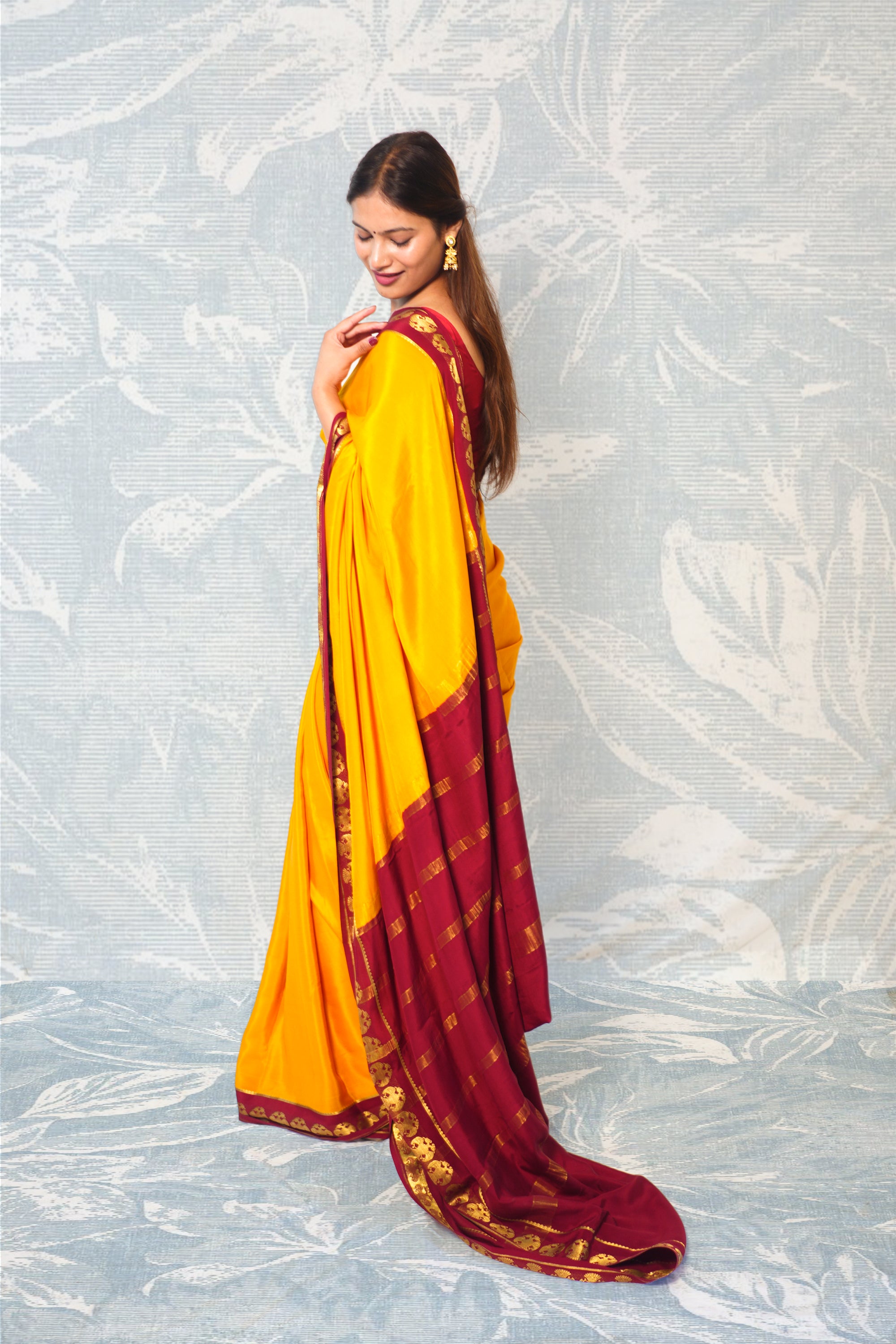 Mustard Yellow And Deep Maroon Mysore Silk Saree