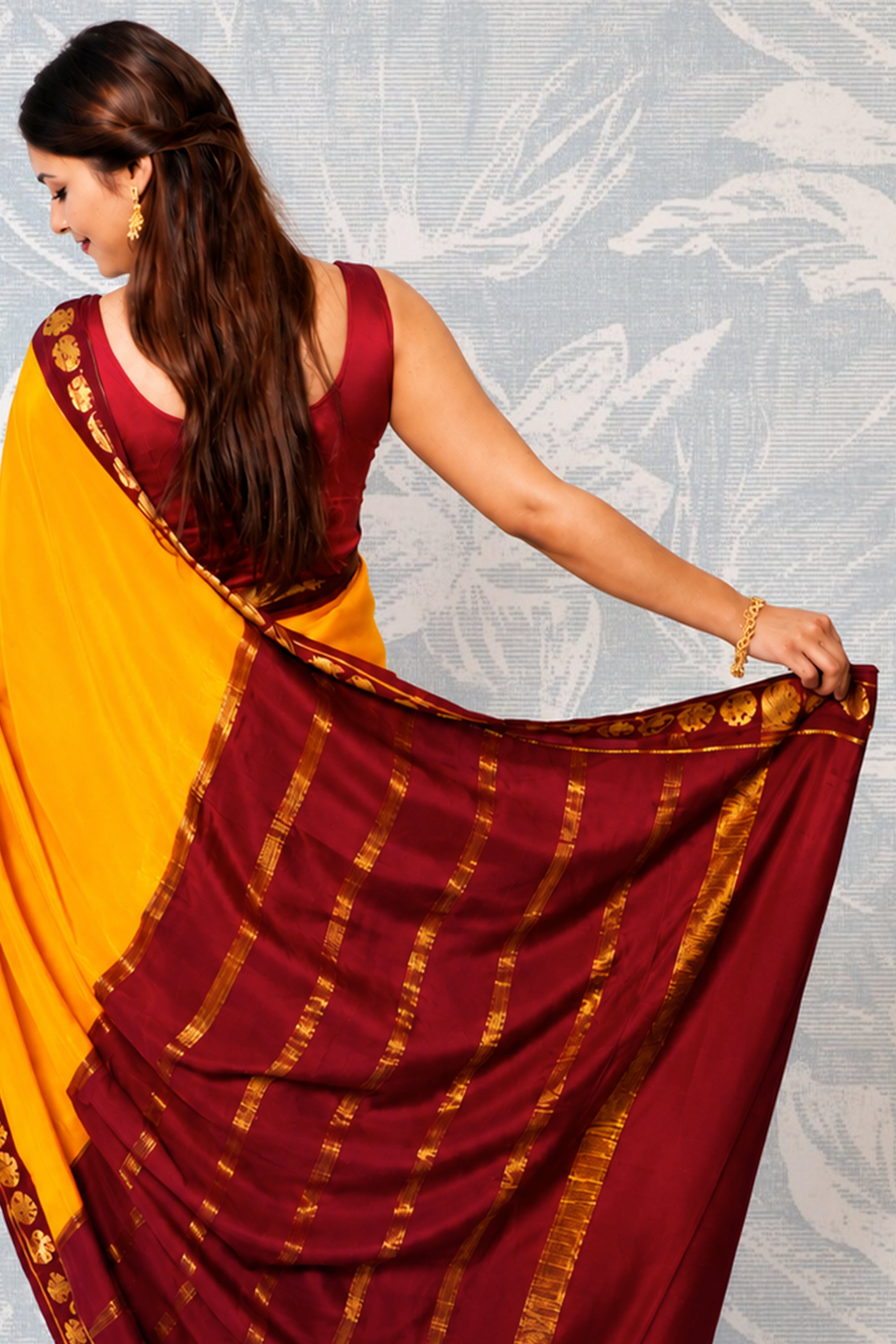 Mustard Yellow And Deep Maroon Mysore Silk Saree