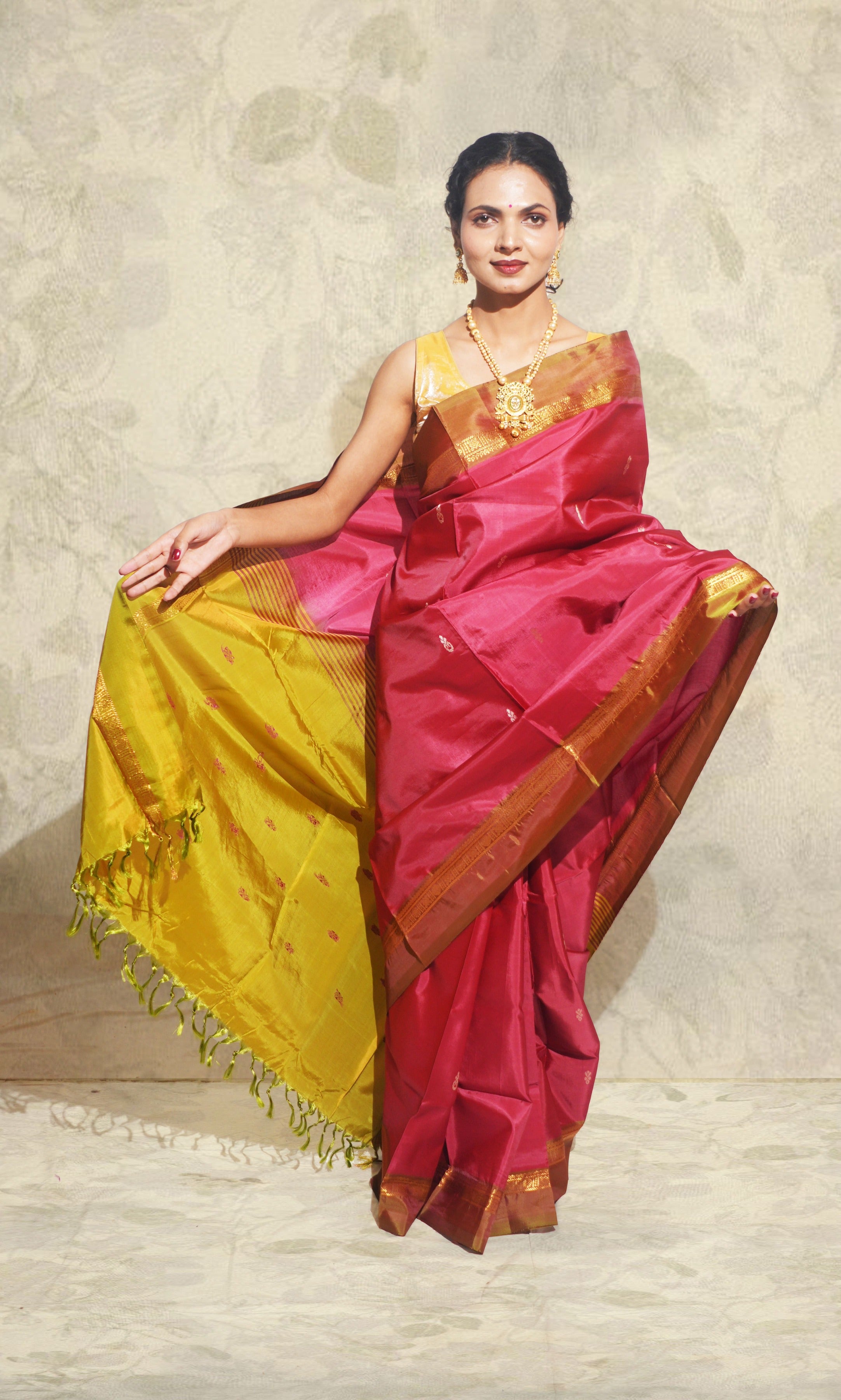 Red Maroon And Light Mehndi Green  Banana Silk Saree
