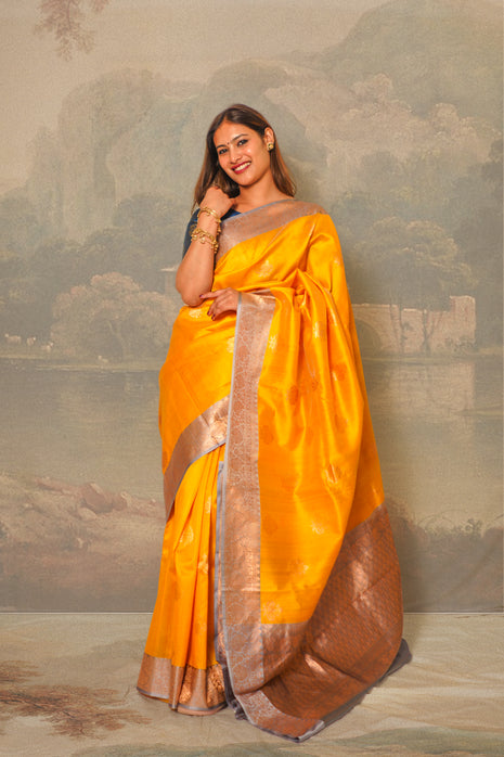 Royal Yellow and Ice Blue Contrast Tussar Silk Saree With Blouse Piece