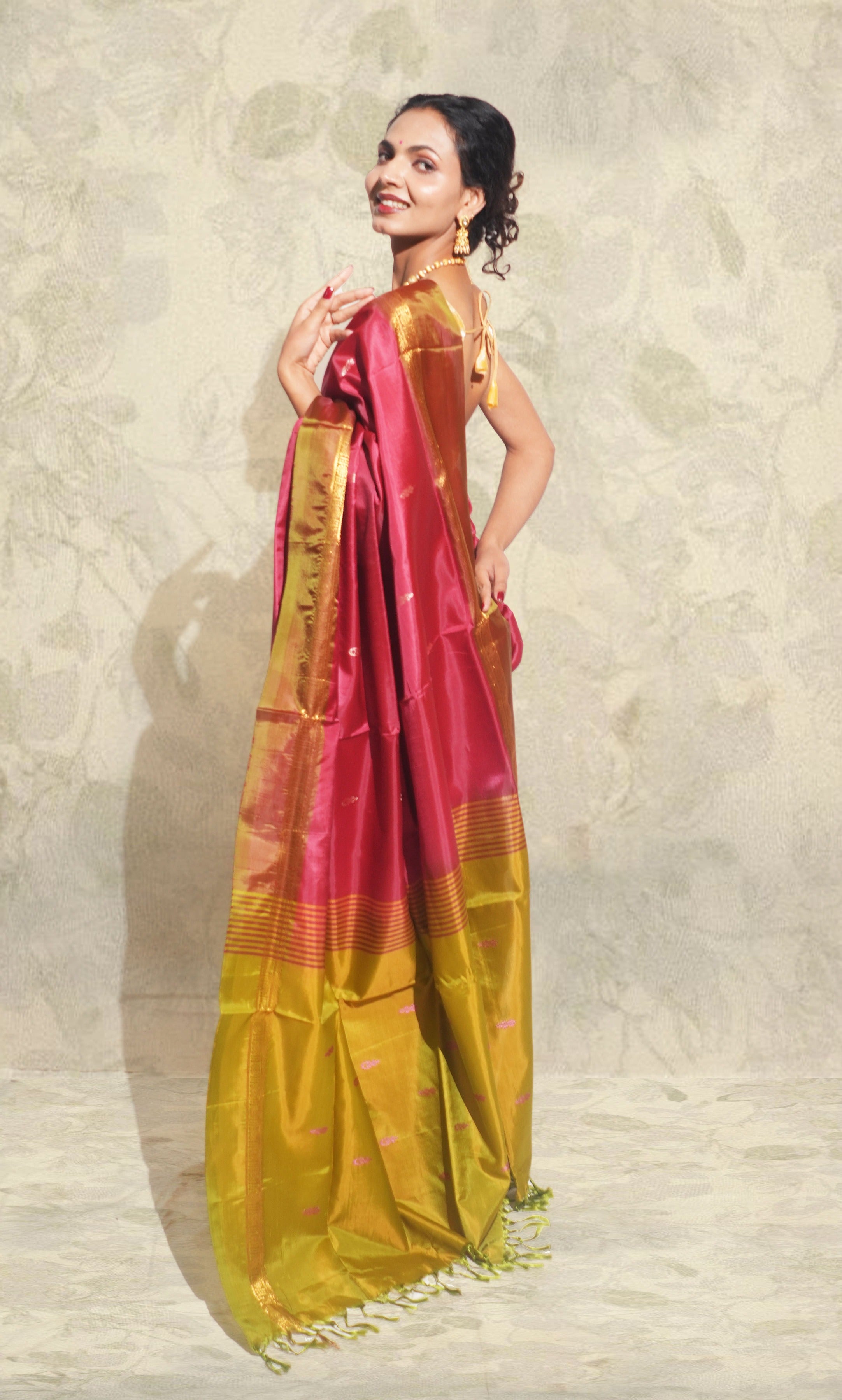 Red Maroon And Light Mehndi Green  Banana Silk Saree