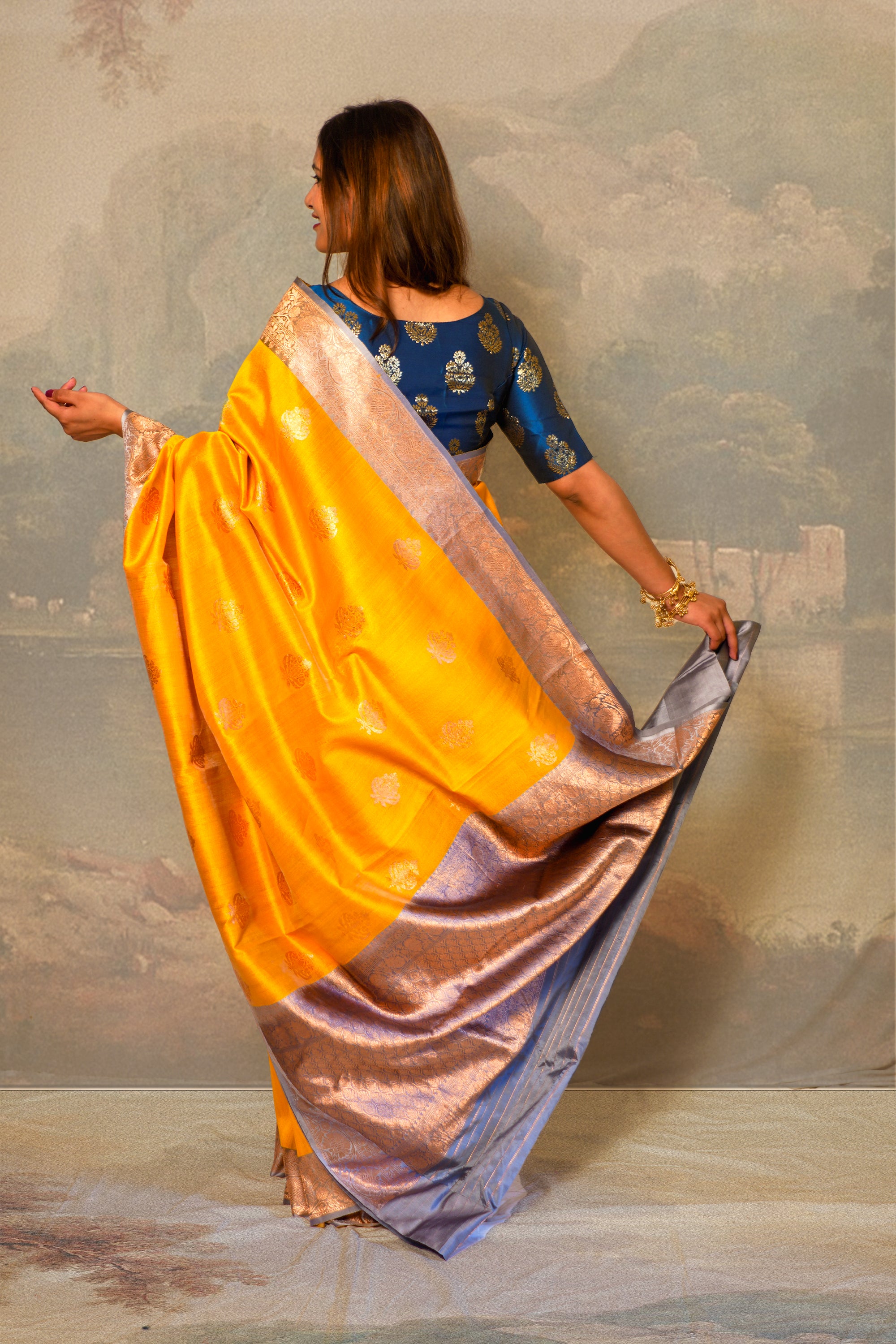 Royal Yellow and Ice Blue Contrast Tussar Silk Saree With Blouse Piece