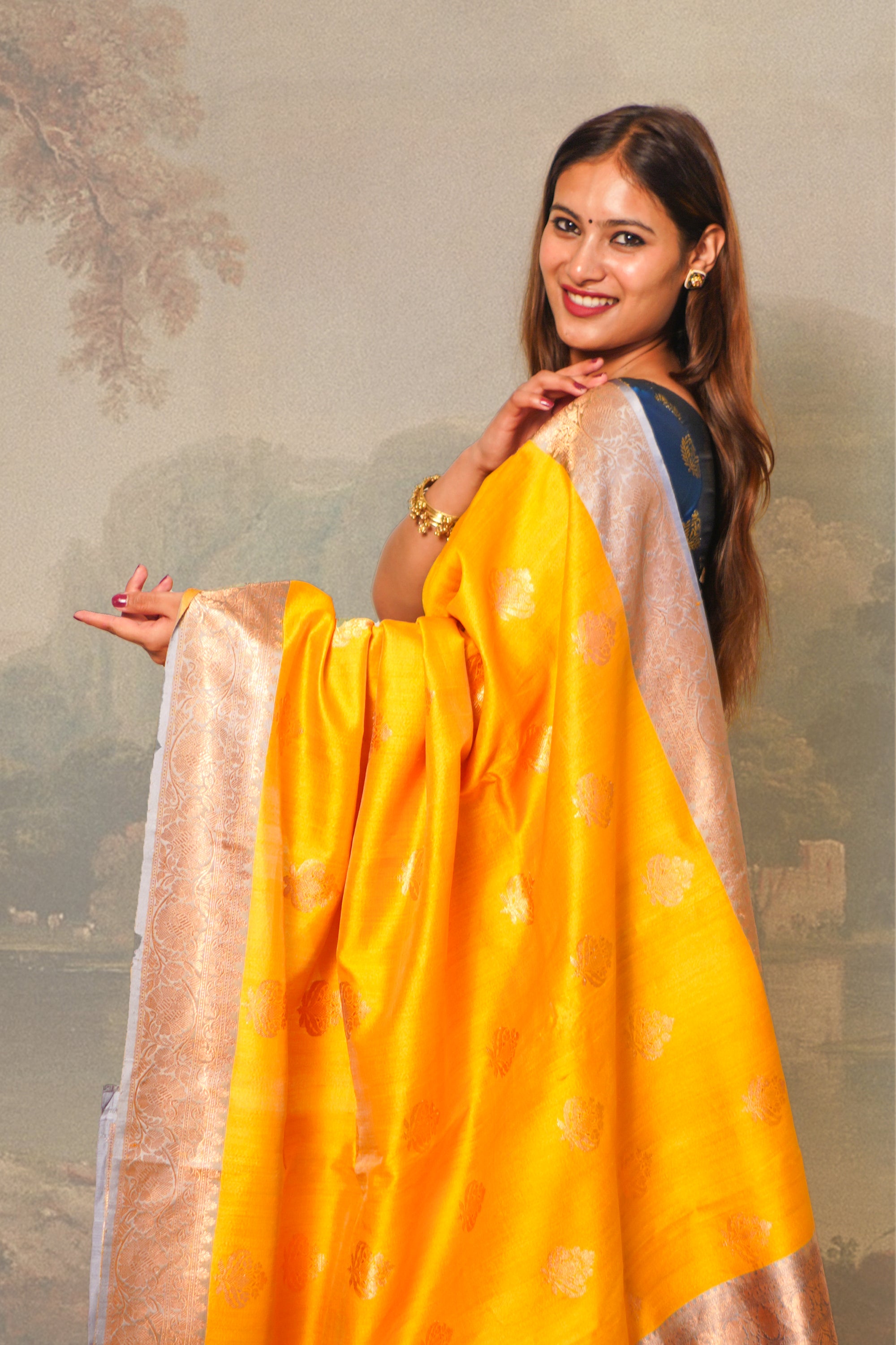 Royal Yellow and Ice Blue Contrast Tussar Silk Saree With Blouse Piece