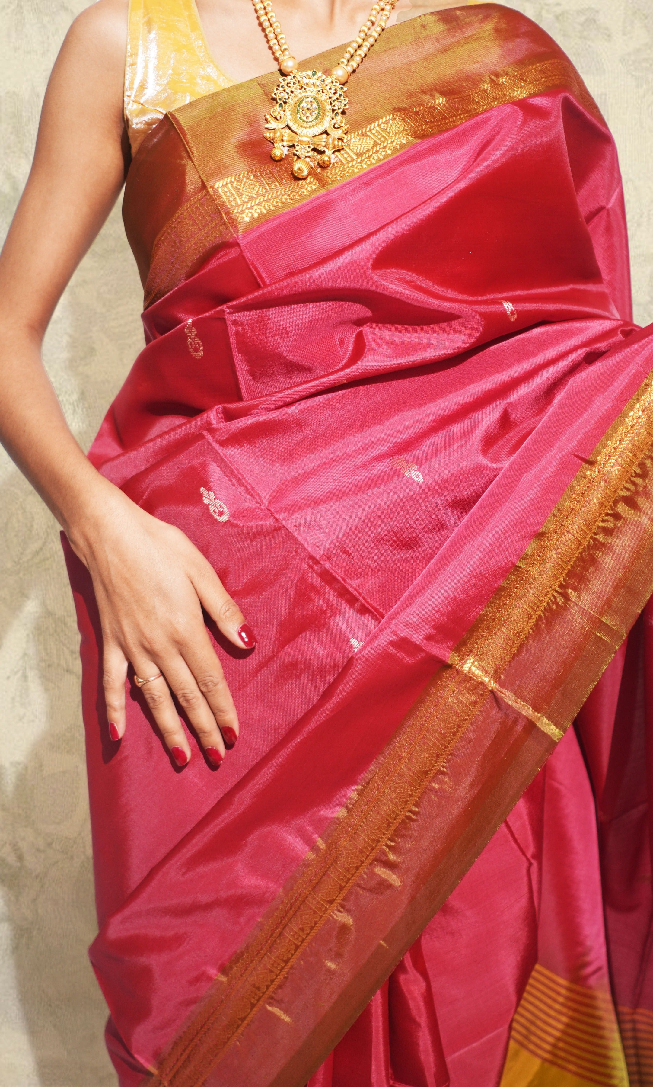Red Maroon And Light Mehndi Green  Banana Silk Saree